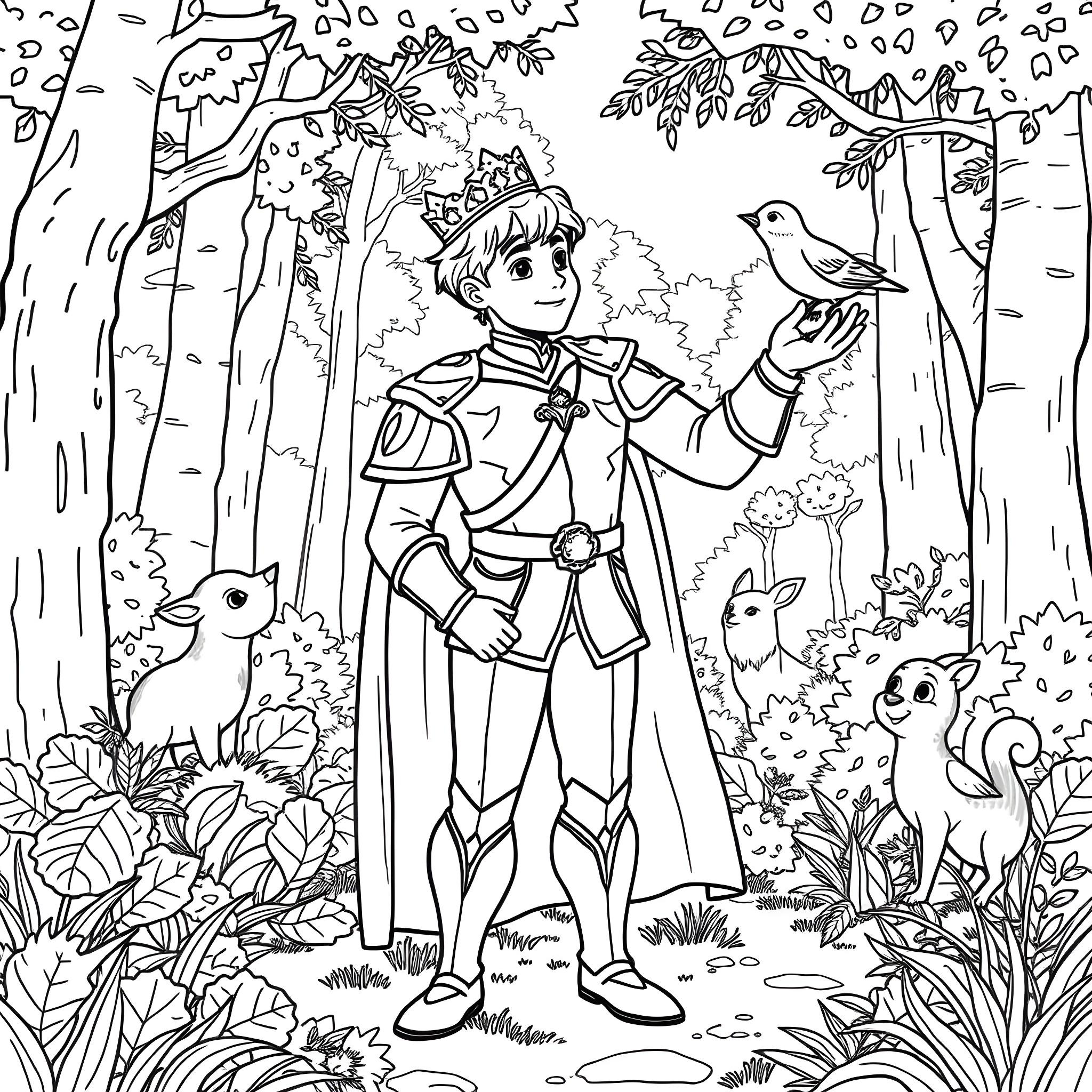 Prince in the enchanted forest with animals Coloring Page (free black-and-white line drawing printable PDF for all, from beginners to advanced learners, including children, teens, adults, and seniors)