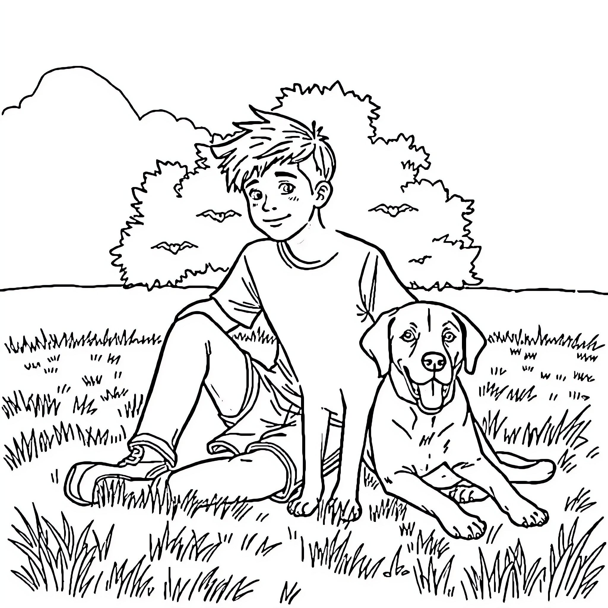 Teenager Relaxing with Loyal Canine Companion Coloring Page (free black-and-white line drawing printable PDF for all, from beginners to advanced learners, including children, teens, adults, and seniors)
