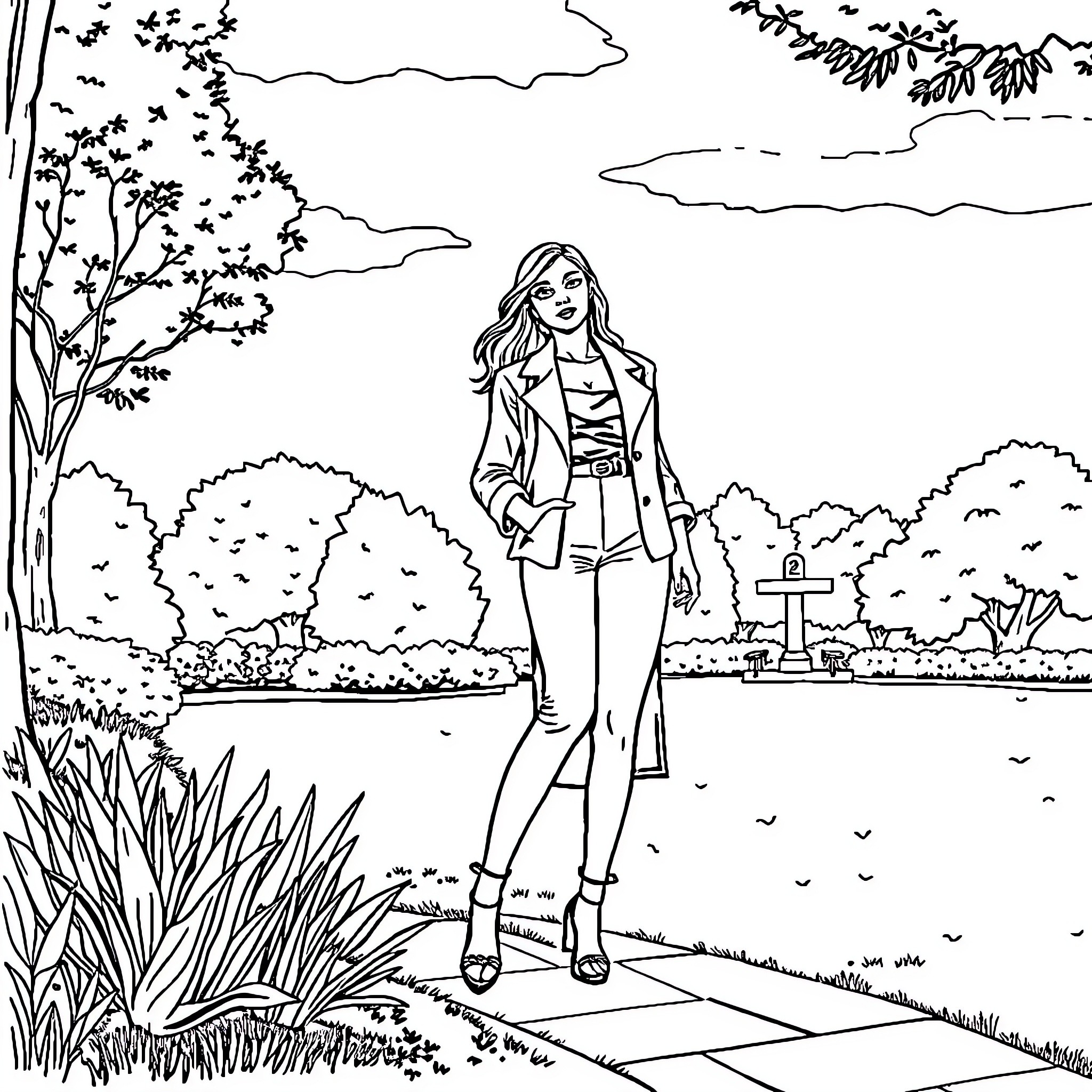 Lute Player strolling through a peaceful landscape Coloring Page (free black-and-white line drawing printable PDF for all, from beginners to advanced learners, including children, teens, adults, and seniors)