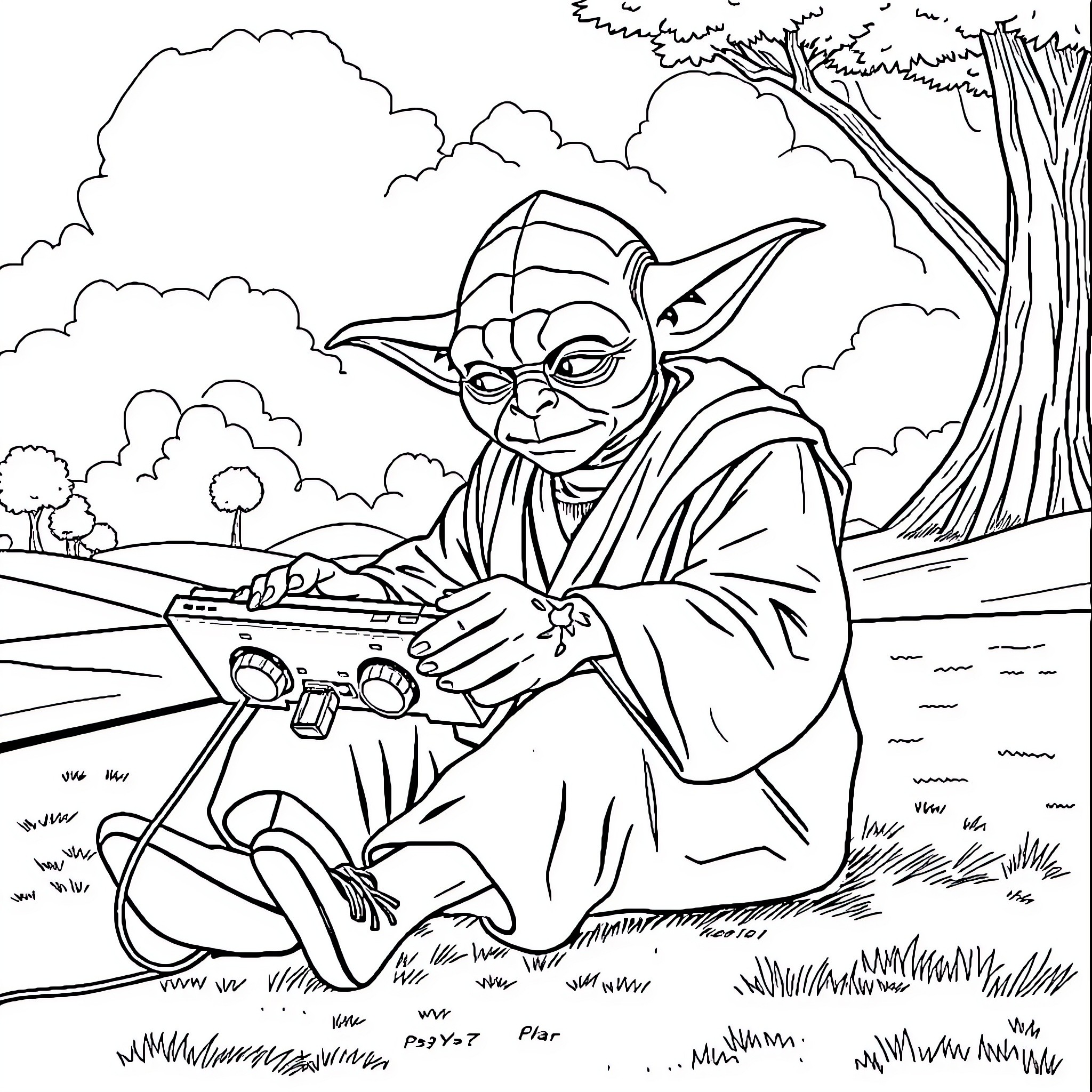 Yoda meditating peacefully in the forest Coloring Page (free black-and-white line drawing printable PDF for all, from beginners to advanced learners, including children, teens, adults, and seniors)