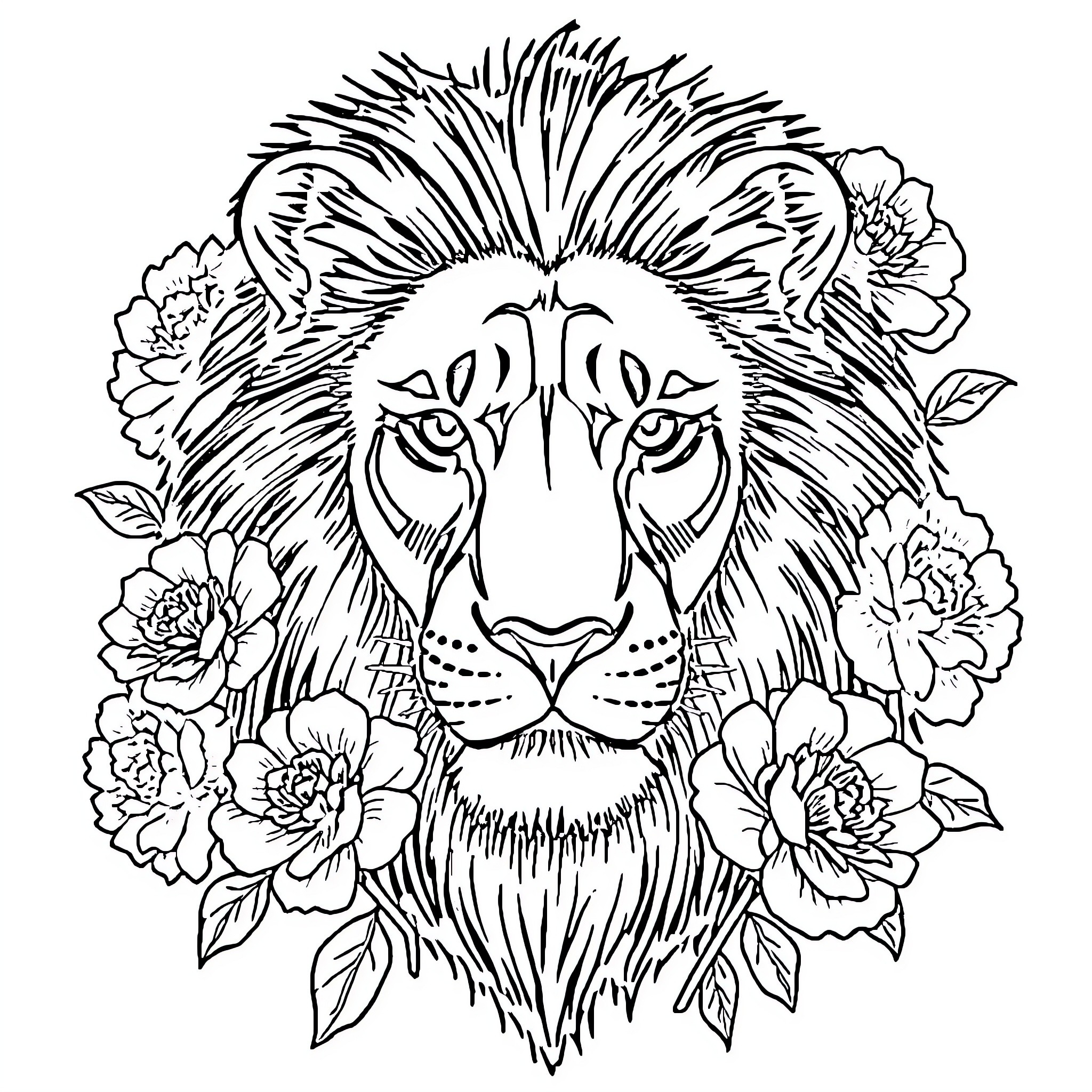 Lion surrounded by floral arrangements Coloring Page (free black-and-white line drawing printable PDF for all, from beginners to advanced learners, including children, teens, adults, and seniors)