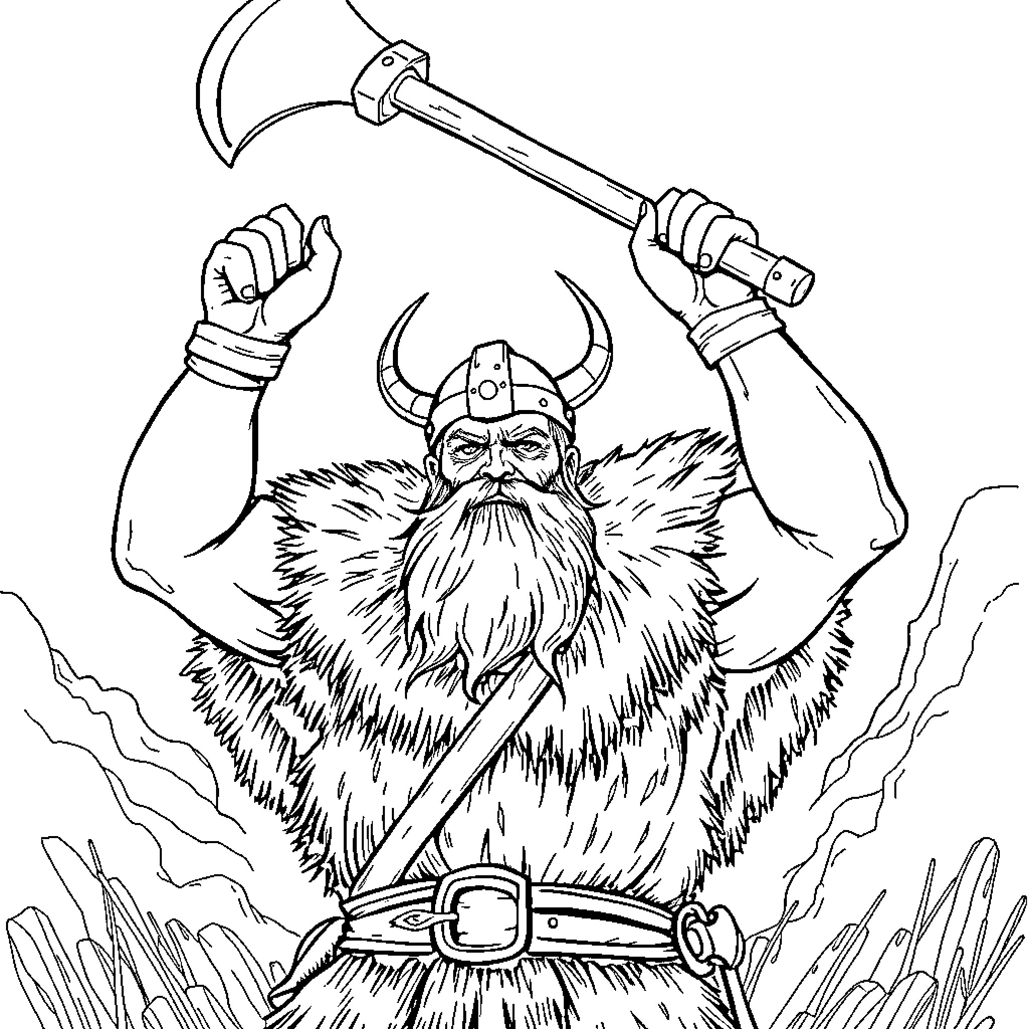 Viking warrior wielding an axe in battle Coloring Page (free black-and-white line drawing printable PDF for all, from beginners to advanced learners, including children, teens, adults, and seniors)
