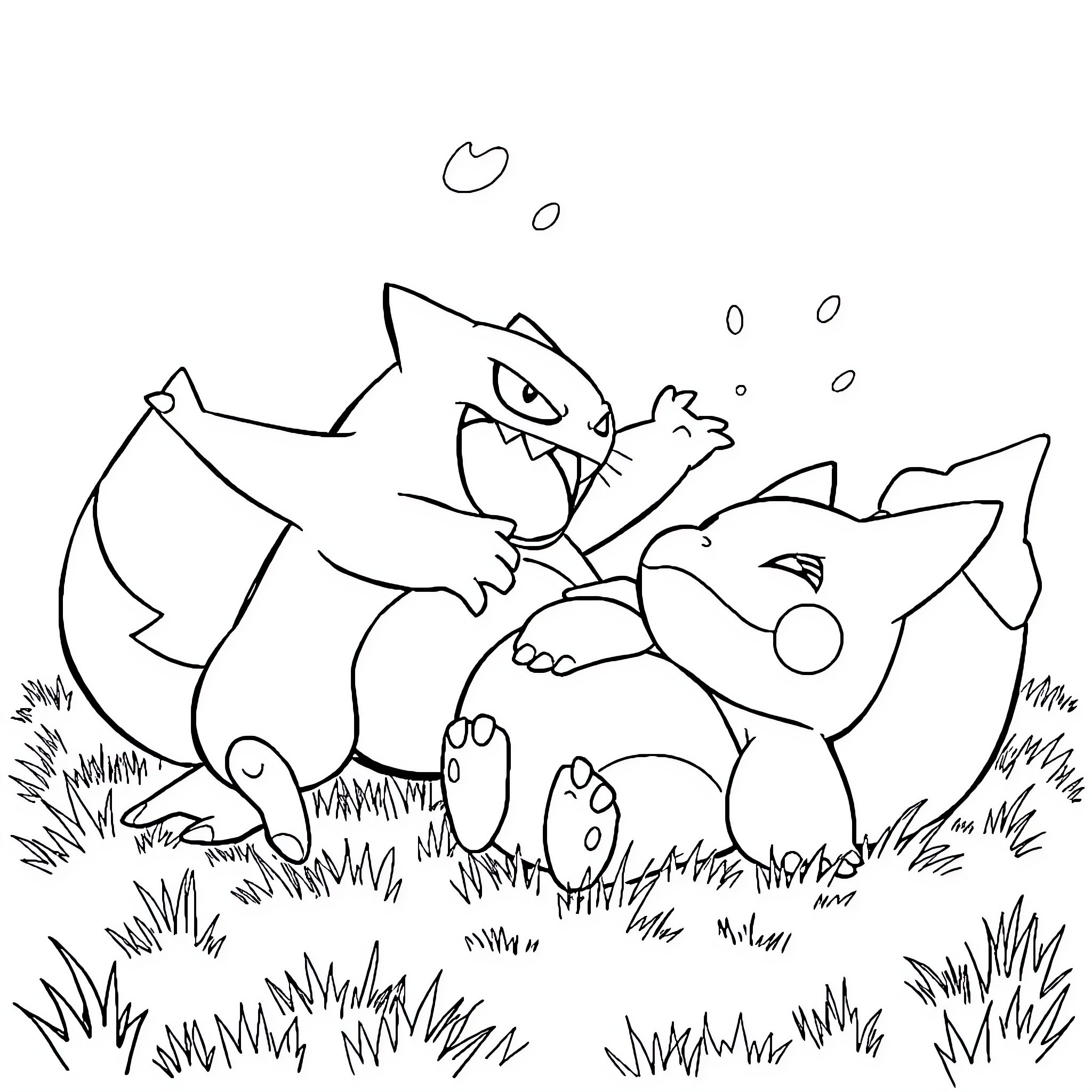 Gengar battling Pokémon in the wild Coloring Page (free black-and-white line drawing printable PDF for all, from beginners to advanced learners, including children, teens, adults, and seniors)