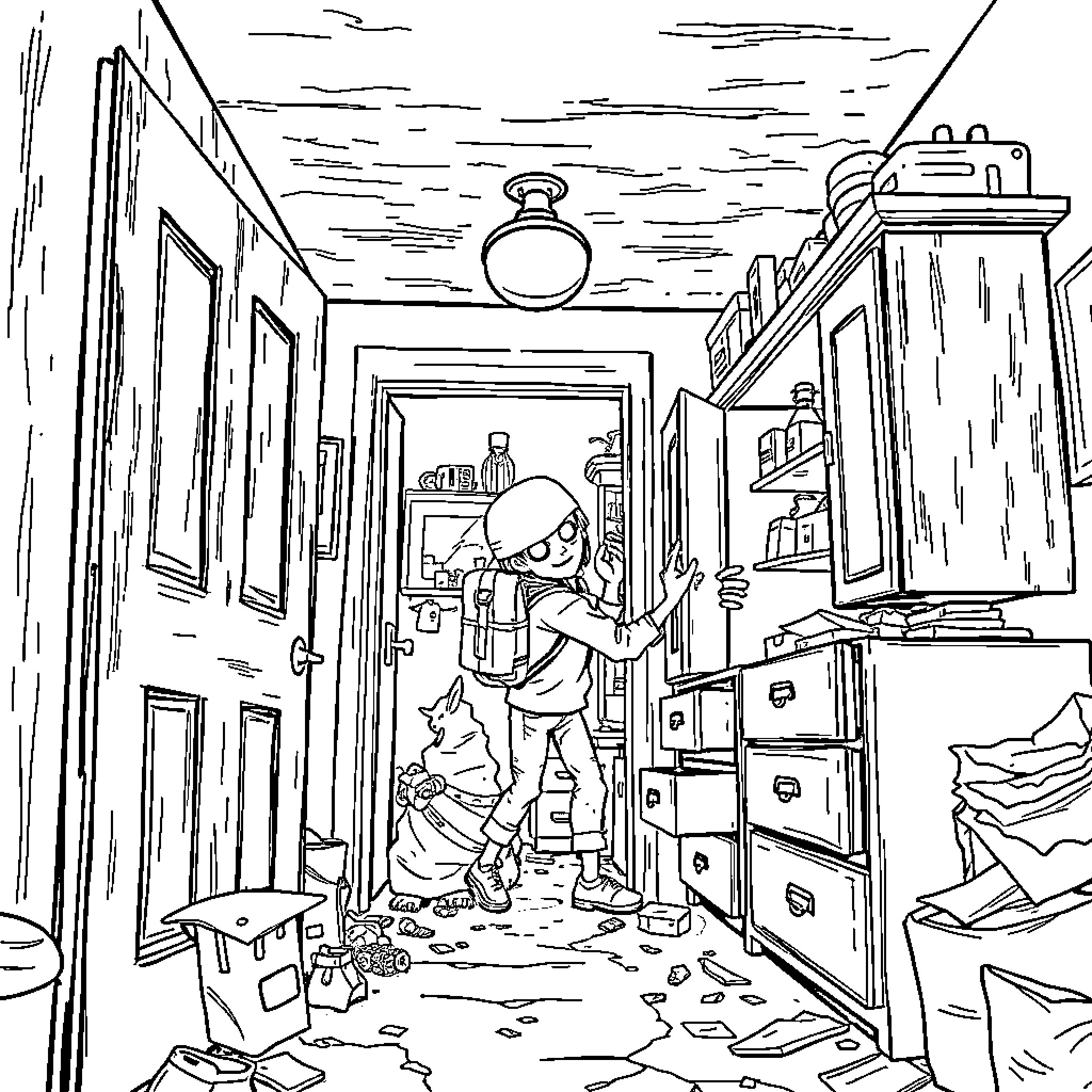 Character cleaning up messy room with determination Coloring Page (free black-and-white line drawing printable PDF for all, from beginners to advanced learners, including children, teens, adults, and seniors)