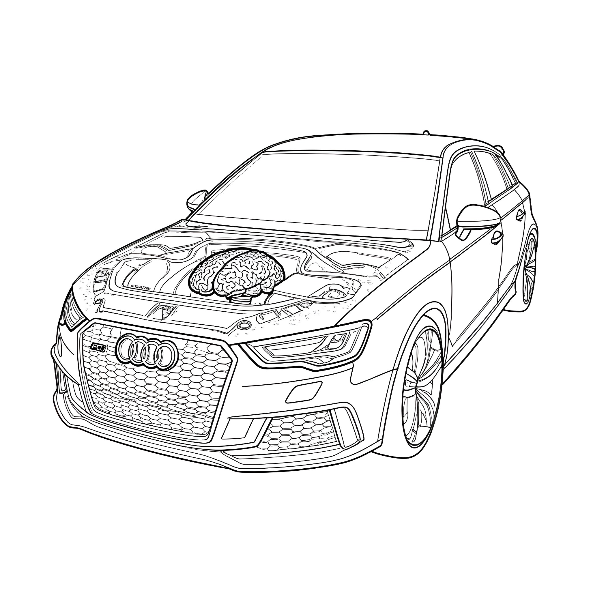 Brain-shaped Engine in Luxury Sports Car Coloring Page (free black-and-white line drawing printable PDF for all, from beginners to advanced learners, including children, teens, adults, and seniors)