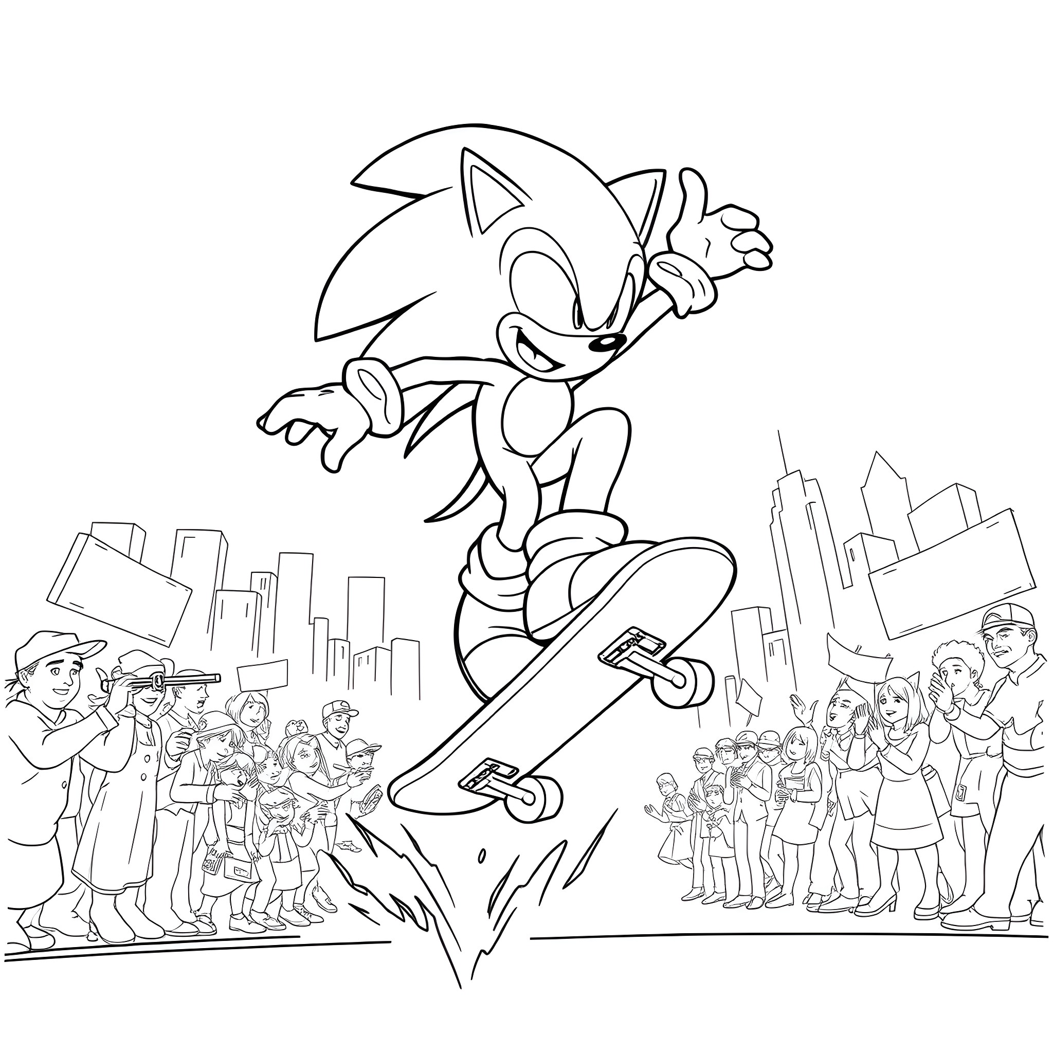 Sonic's Skate Adventure in the City Coloring Page (free black-and-white line drawing printable PDF for all, from beginners to advanced learners, including children, teens, adults, and seniors)