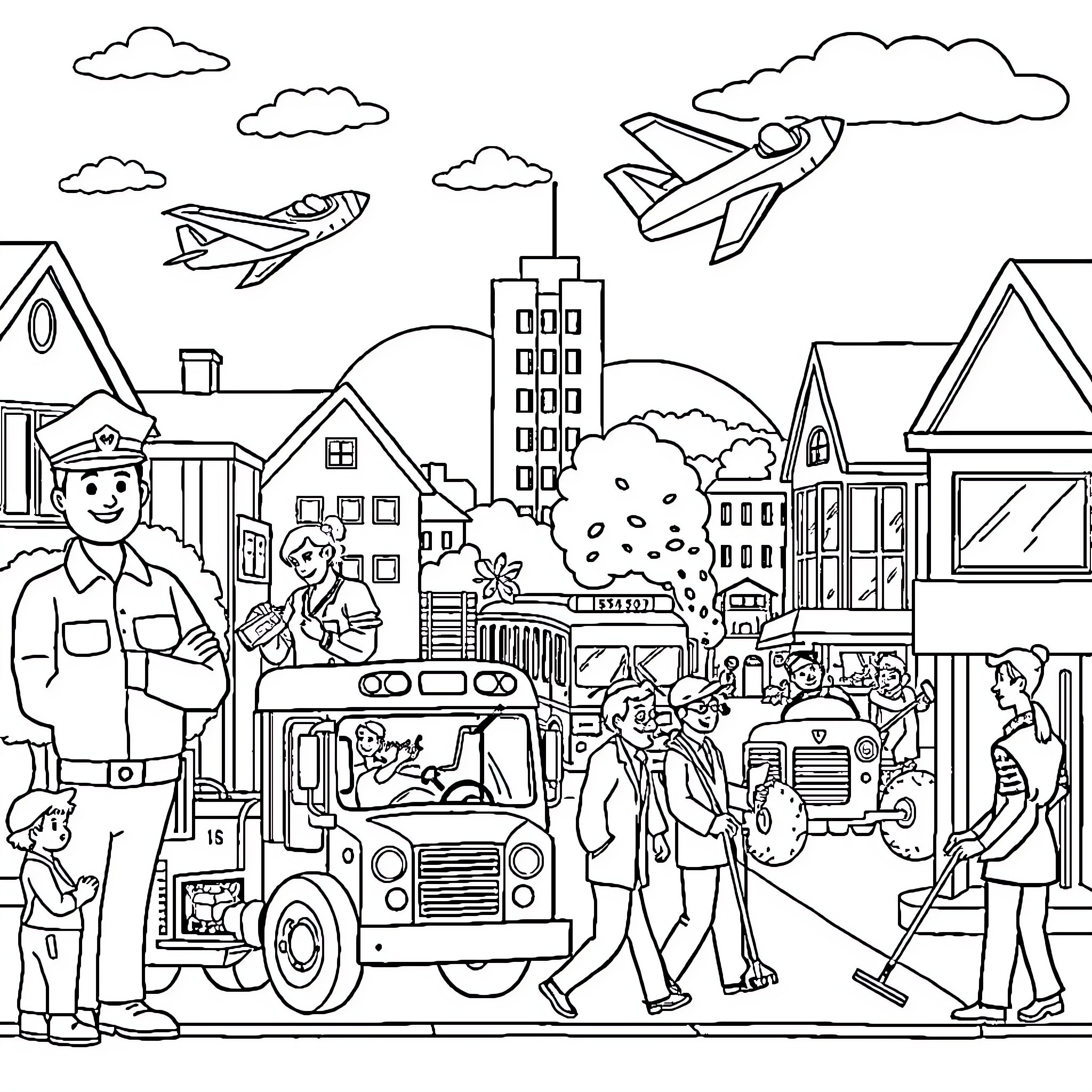 Community Helper Performing Duties in the City Coloring Page (free black-and-white line drawing printable PDF for all, from beginners to advanced learners, including children, teens, adults, and seniors)