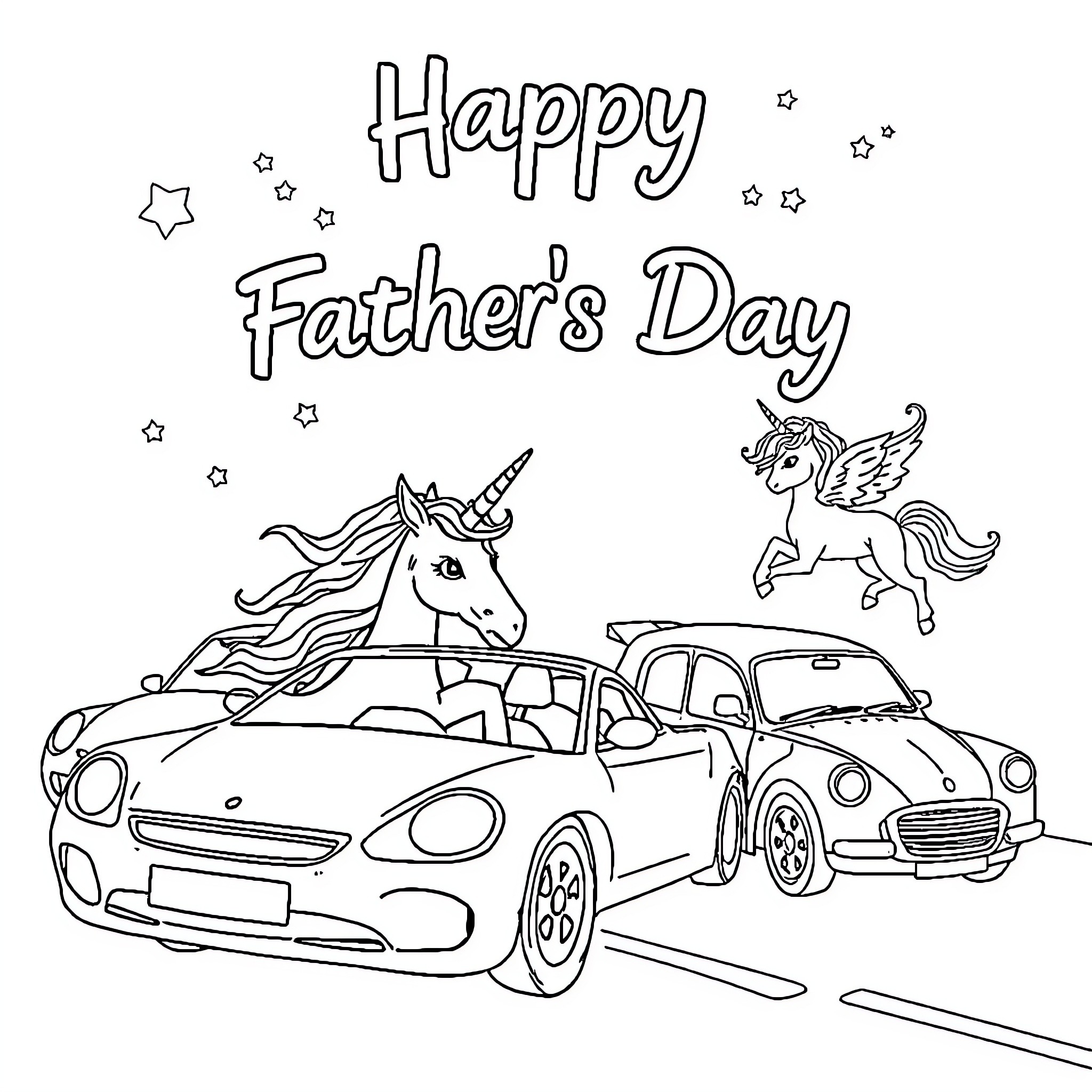 Car carrying unicorn and pegasus for Father's Day celebration Coloring Page (free black-and-white line drawing printable PDF for all, from beginners to advanced learners, including children, teens, adults, and seniors)