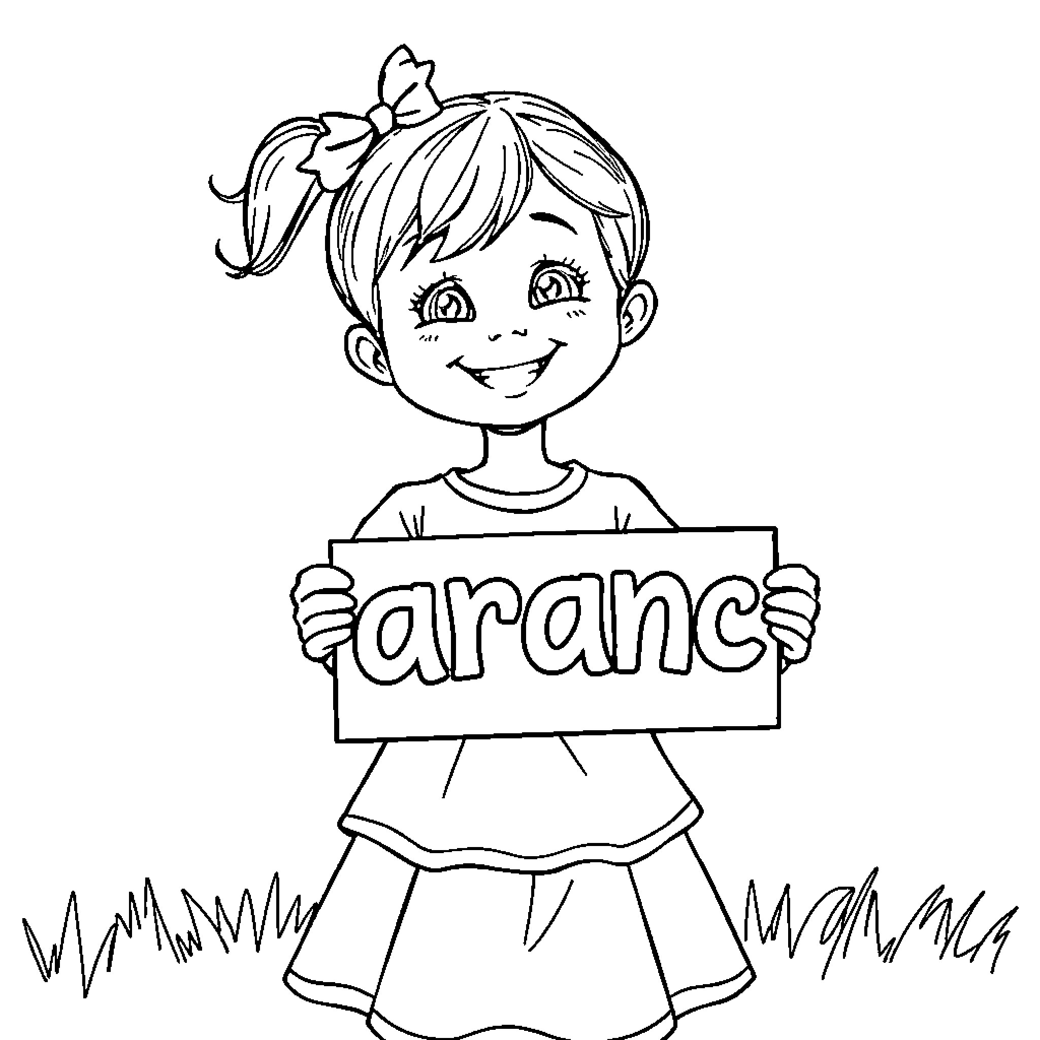 Girl holding 'Aranc' sign with cheerful expression Coloring Page (free black-and-white line drawing printable PDF for all, from beginners to advanced learners, including children, teens, adults, and seniors)