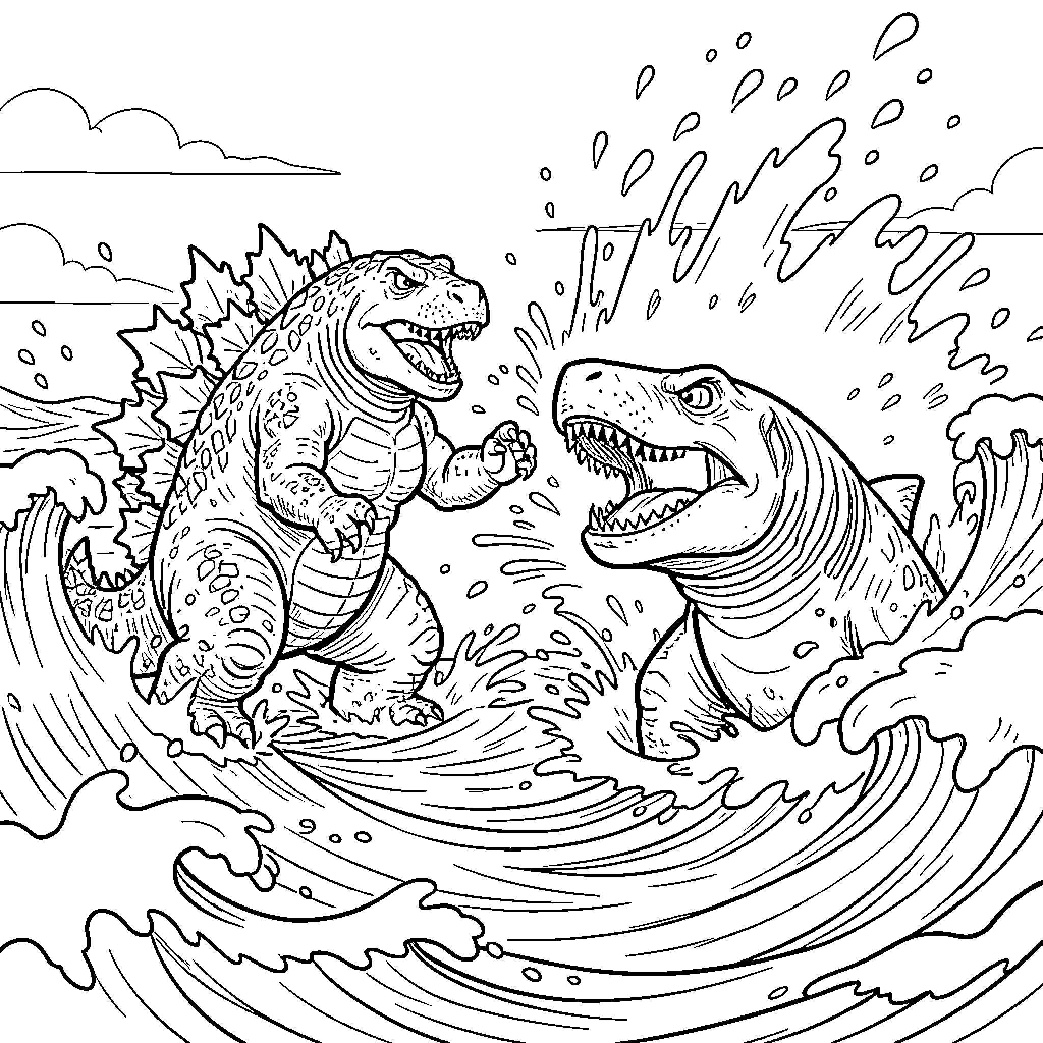 Godzilla battling a large sea monster in the ocean Coloring Page (free black-and-white line drawing printable PDF for all, from beginners to advanced learners, including children, teens, adults, and seniors)
