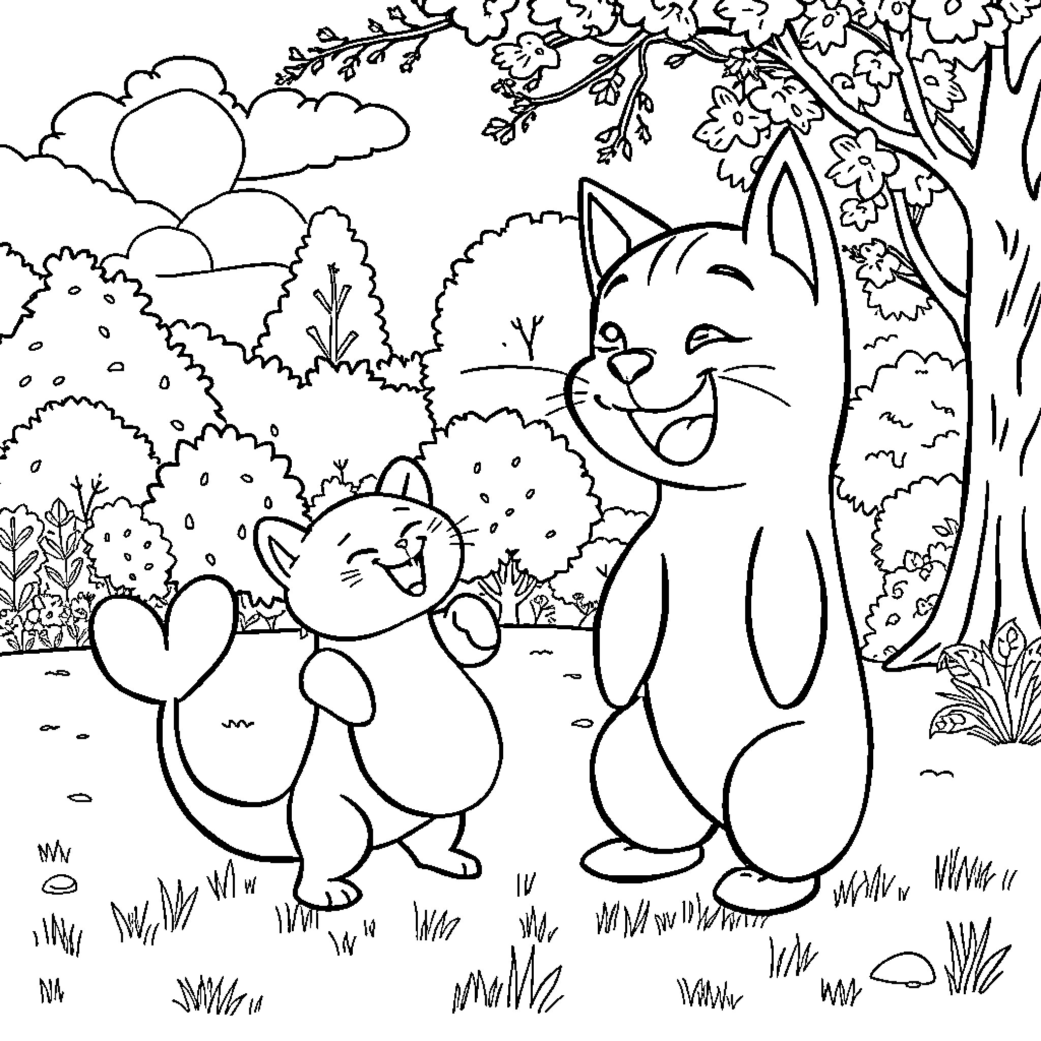 Gabby's Joyful Adventure in the Enchanting Forest Coloring Page (free black-and-white line drawing printable PDF for all, from beginners to advanced learners, including children, teens, adults, and seniors)