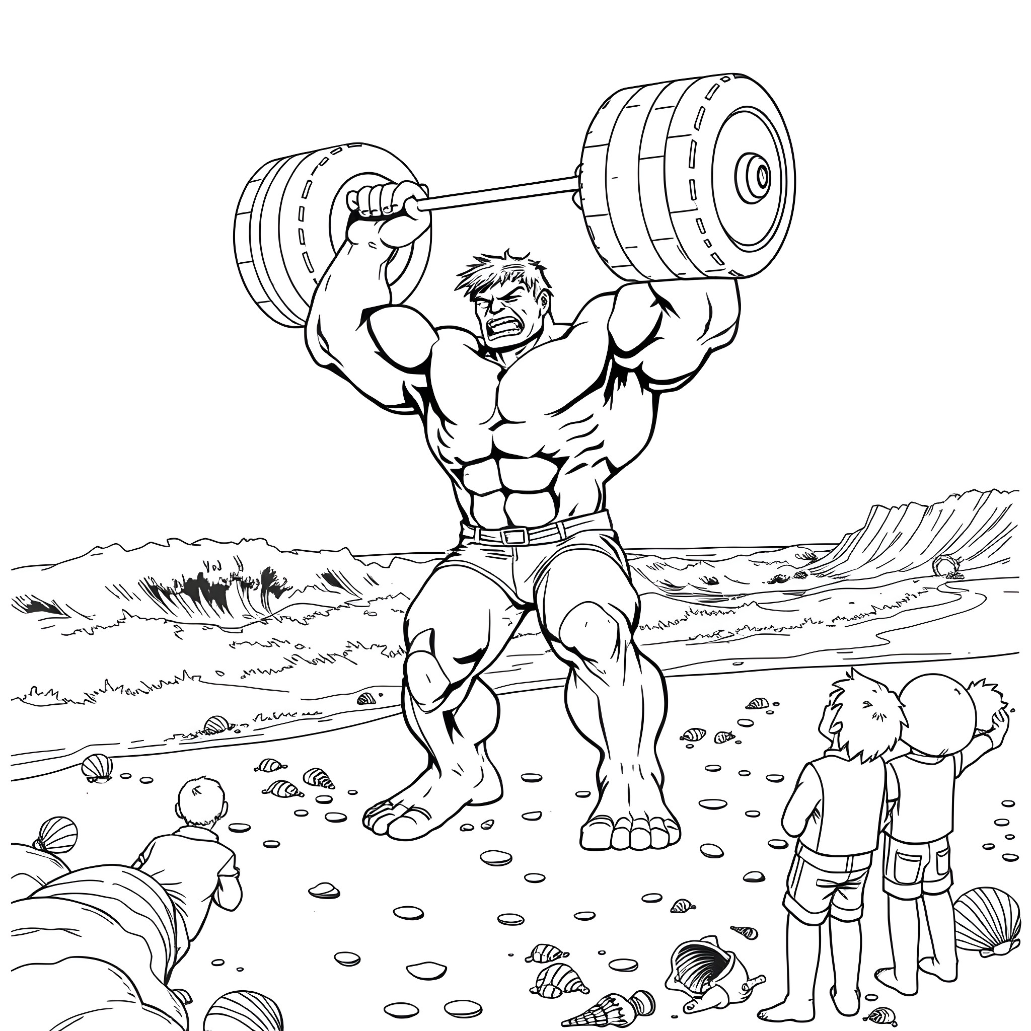 Hulk lifting heavy weight in outdoor setting Coloring Page (free black-and-white line drawing printable PDF for all, from beginners to advanced learners, including children, teens, adults, and seniors)