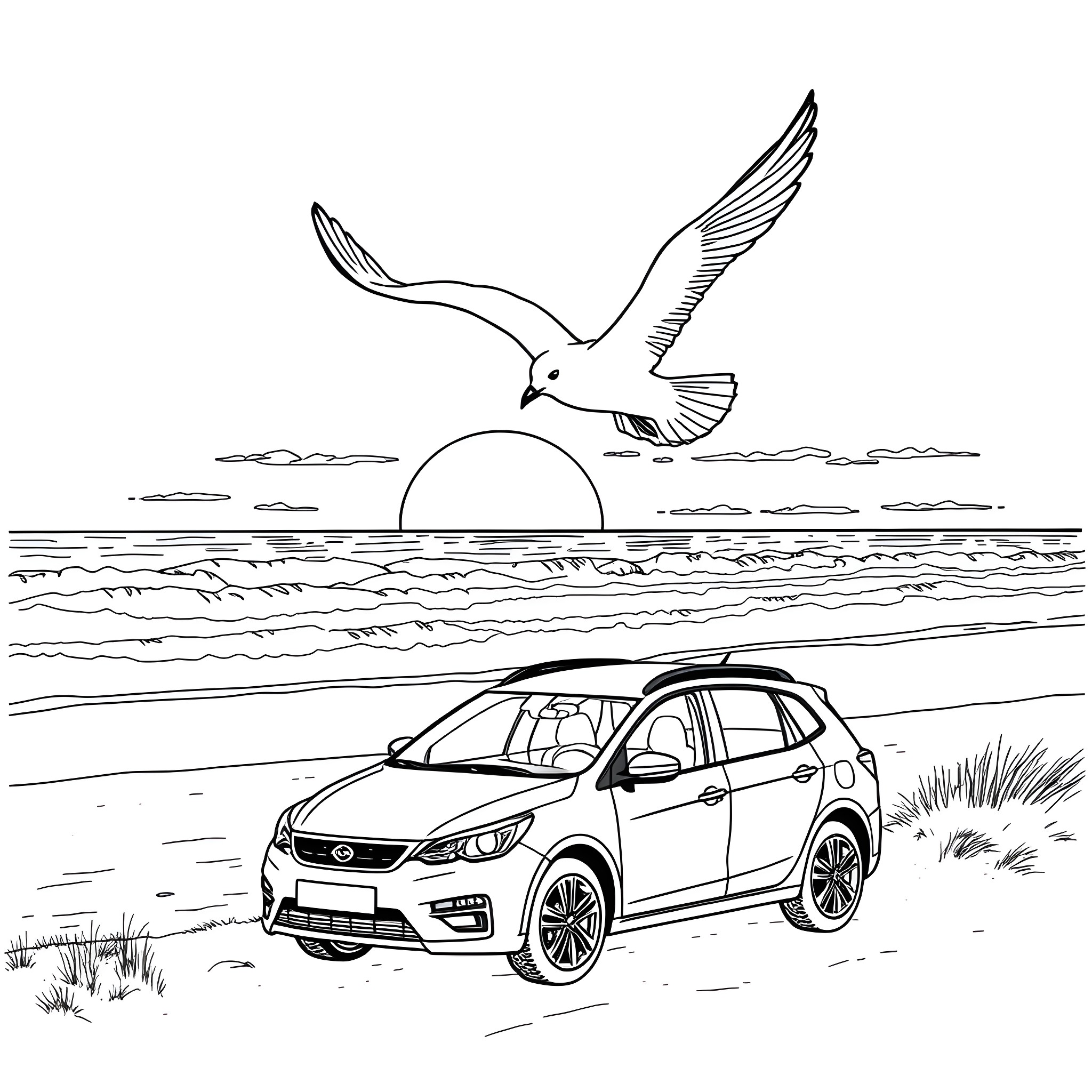Seagull soaring over a car on the beach Coloring Page (free black-and-white line drawing printable PDF for all, from beginners to advanced learners, including children, teens, adults, and seniors)