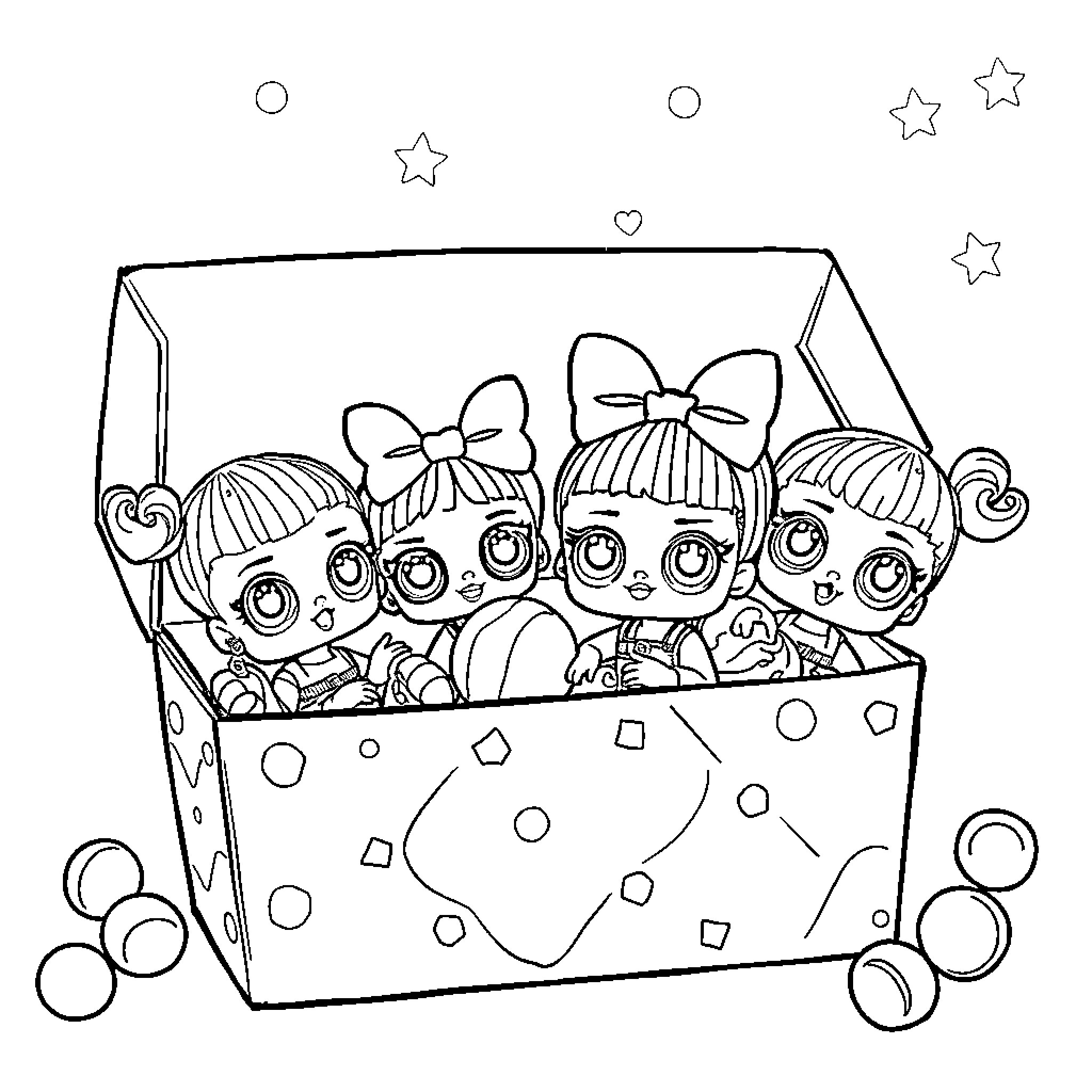 Dolls in a Patterned Gift Box Coloring Page (free black-and-white line drawing printable PDF for all, from beginners to advanced learners, including children, teens, adults, and seniors)