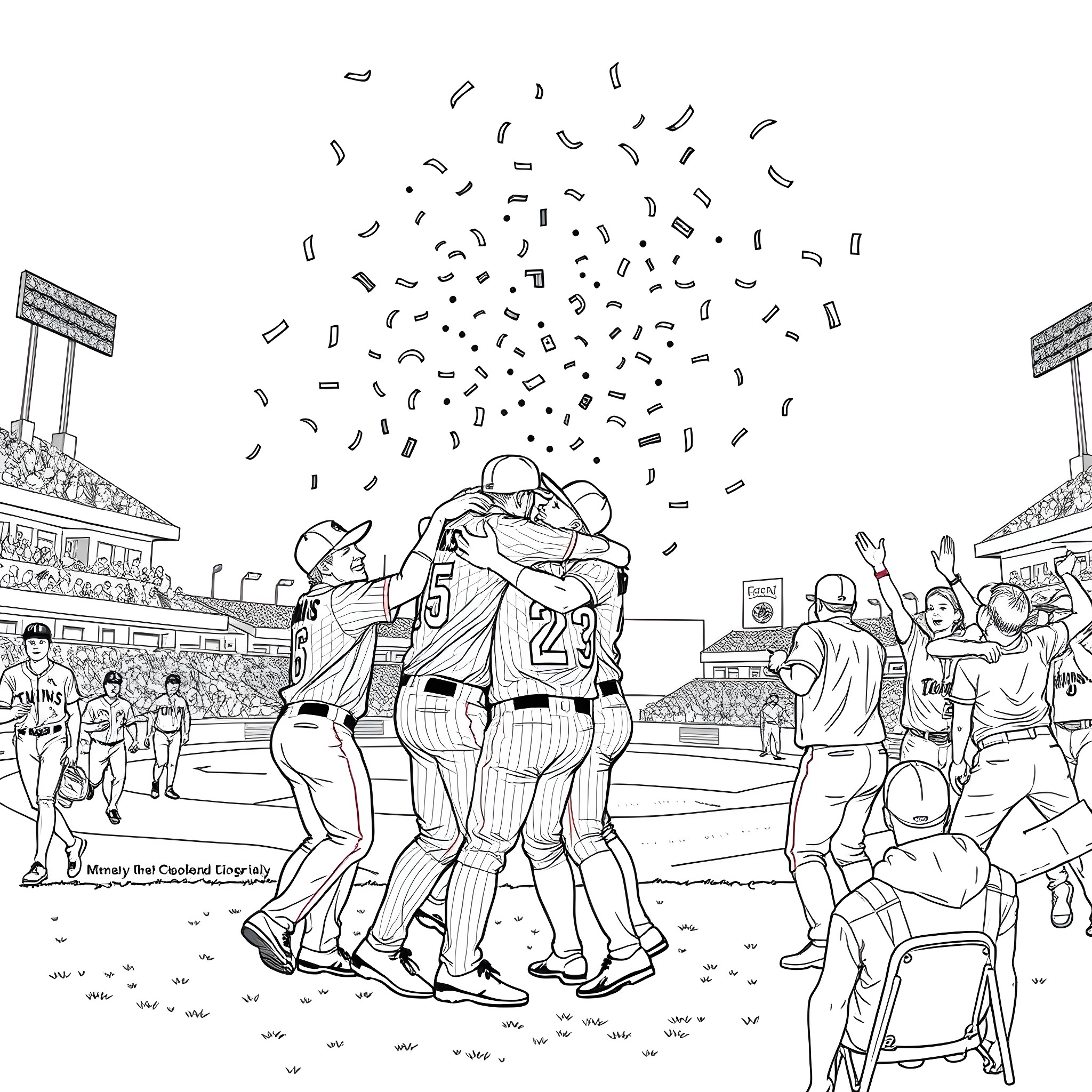 Minnesota Twins baseball team celebrating victory on field Coloring Page (free black-and-white line drawing printable PDF for all, from beginners to advanced learners, including children, teens, adults, and seniors)