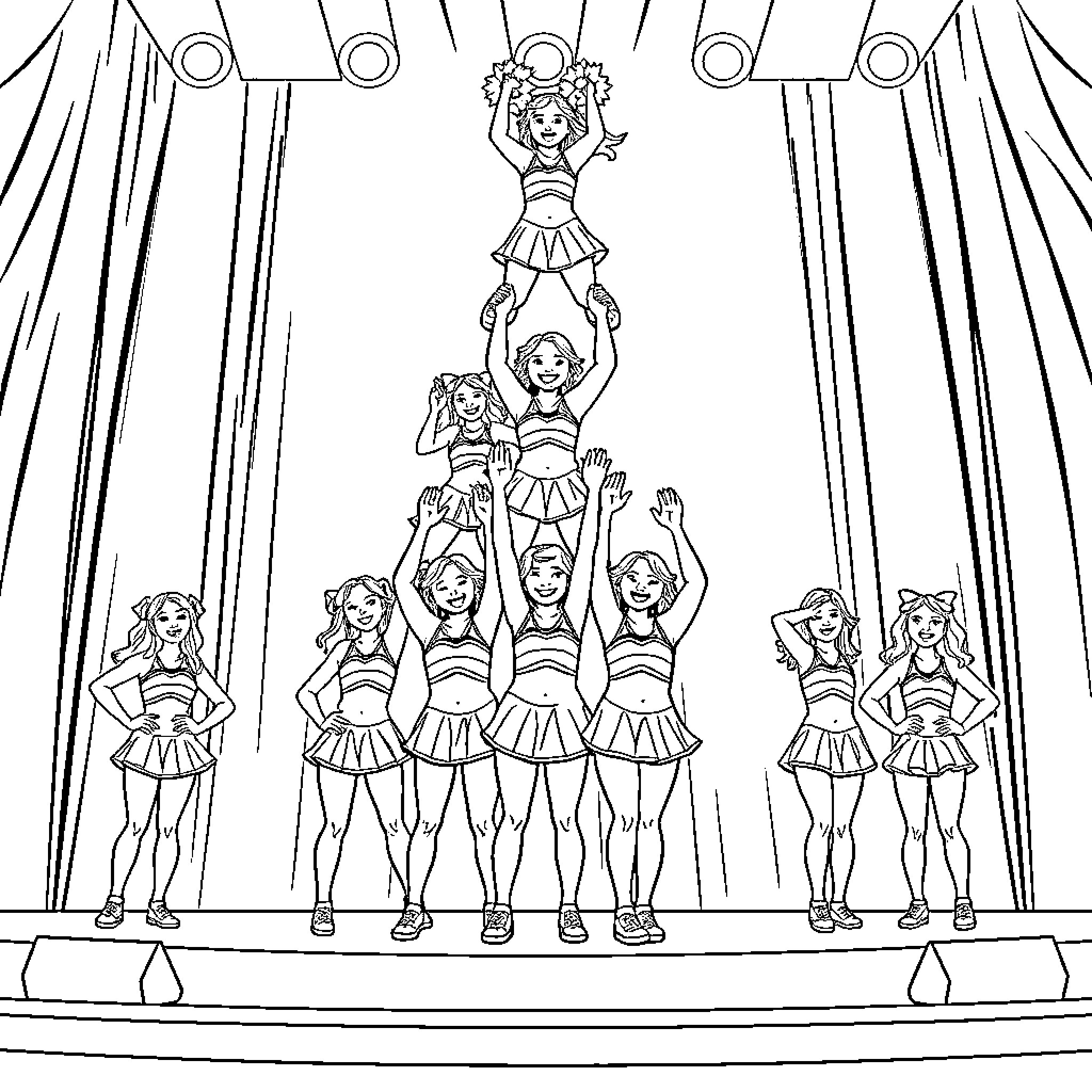 Cheerleaders performing an acrobatic routine on stage Coloring Page (free black-and-white line drawing printable PDF for all, from beginners to advanced learners, including children, teens, adults, and seniors)