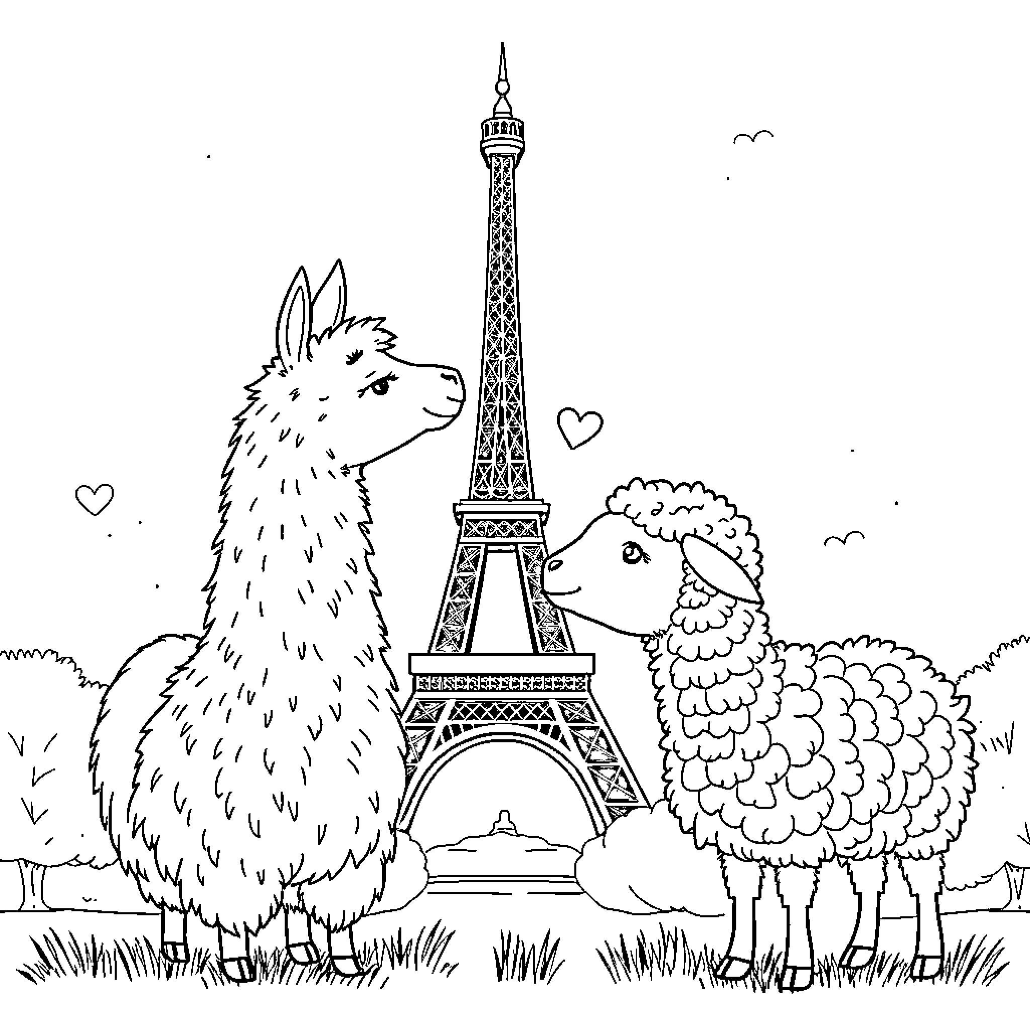 Llama and sheep enjoying the sights of Paris Coloring Page (free black-and-white line drawing printable PDF for all, from beginners to advanced learners, including children, teens, adults, and seniors)