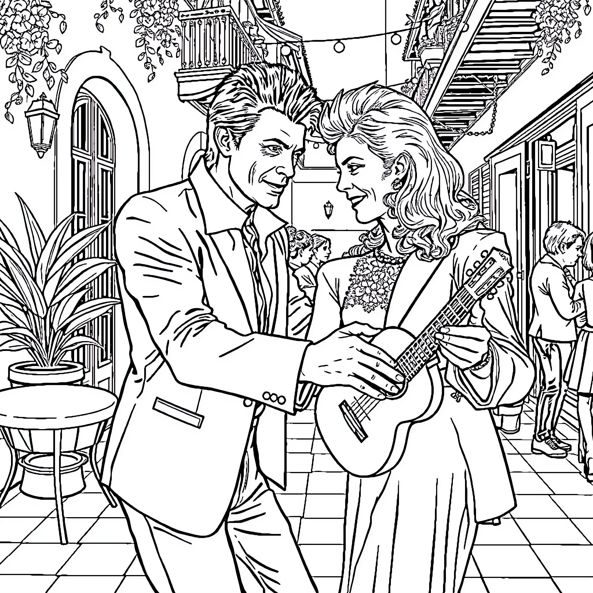 David Bowie Performing with Female Companion on Stage Coloring Page (free black-and-white line drawing printable PDF for all, from beginners to advanced learners, including children, teens, adults, and seniors)