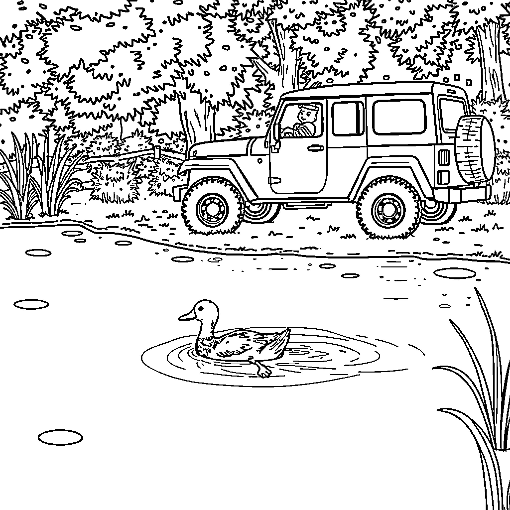 Duck exploring the wilderness in a jeep Coloring Page (free black-and-white line drawing printable PDF for all, from beginners to advanced learners, including children, teens, adults, and seniors)