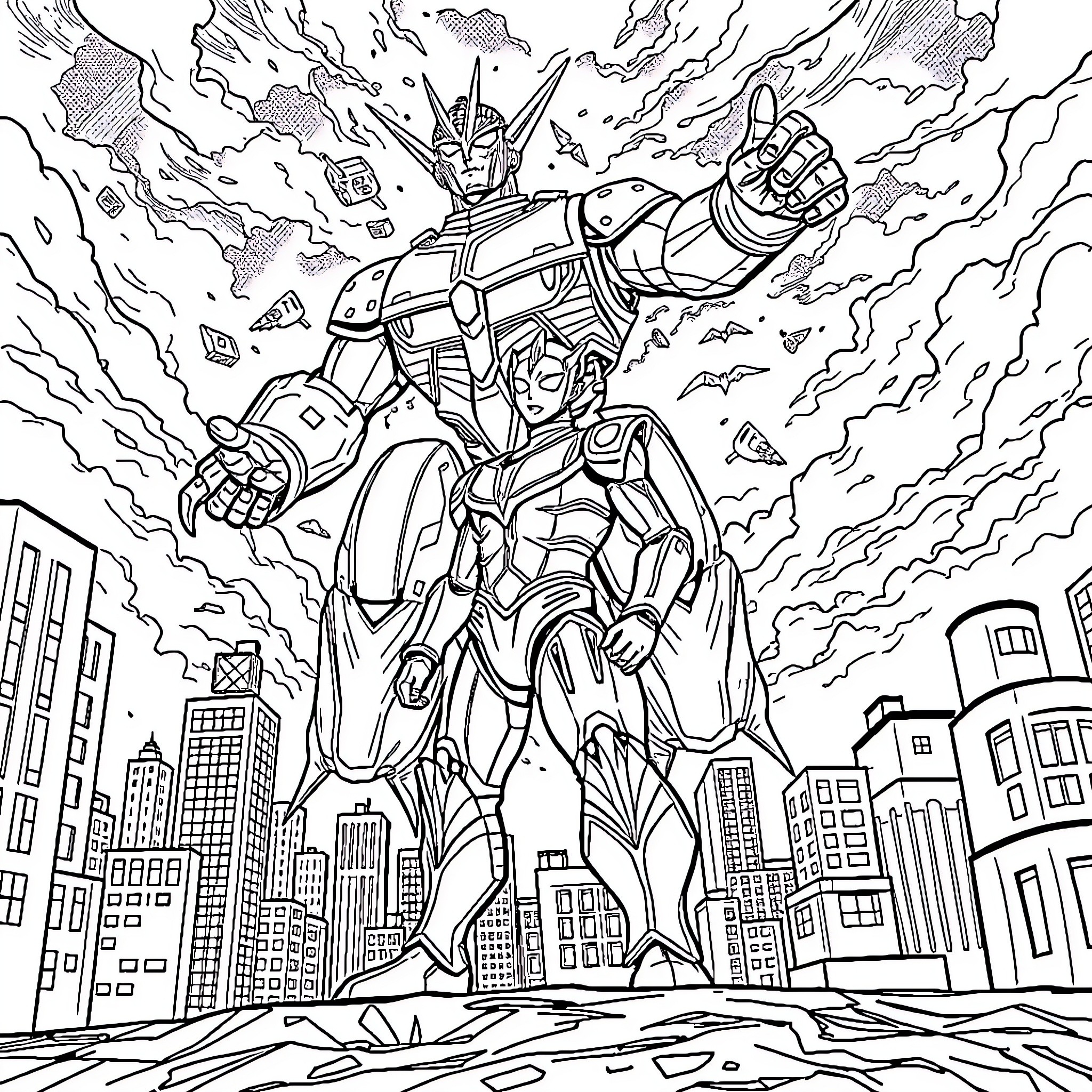 Ultraman heroically battles in a city skyline Coloring Page (free black-and-white line drawing printable PDF for all, from beginners to advanced learners, including children, teens, adults, and seniors)