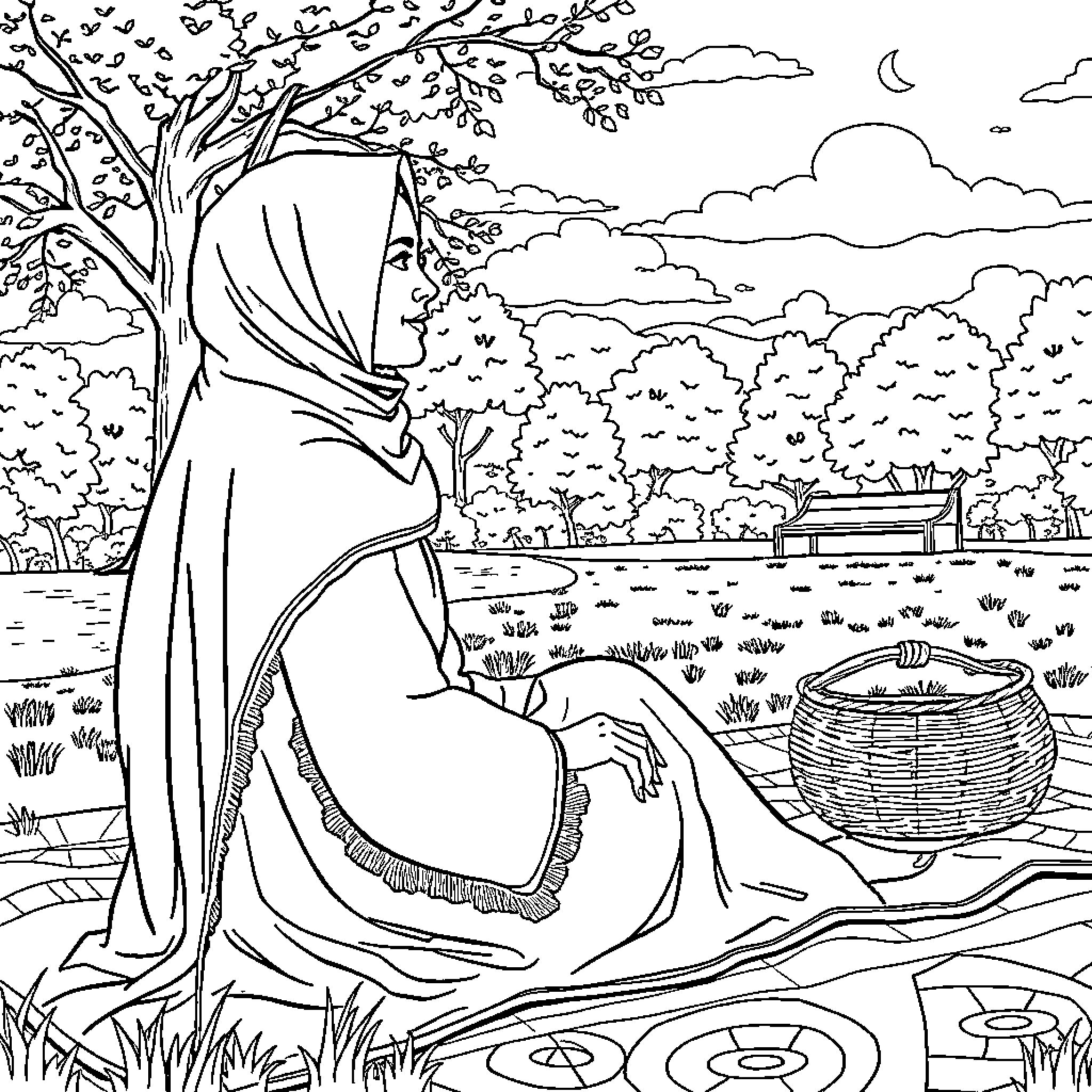 Woman contemplating in serene outdoor scene Coloring Page (free black-and-white line drawing printable PDF for all, from beginners to advanced learners, including children, teens, adults, and seniors)