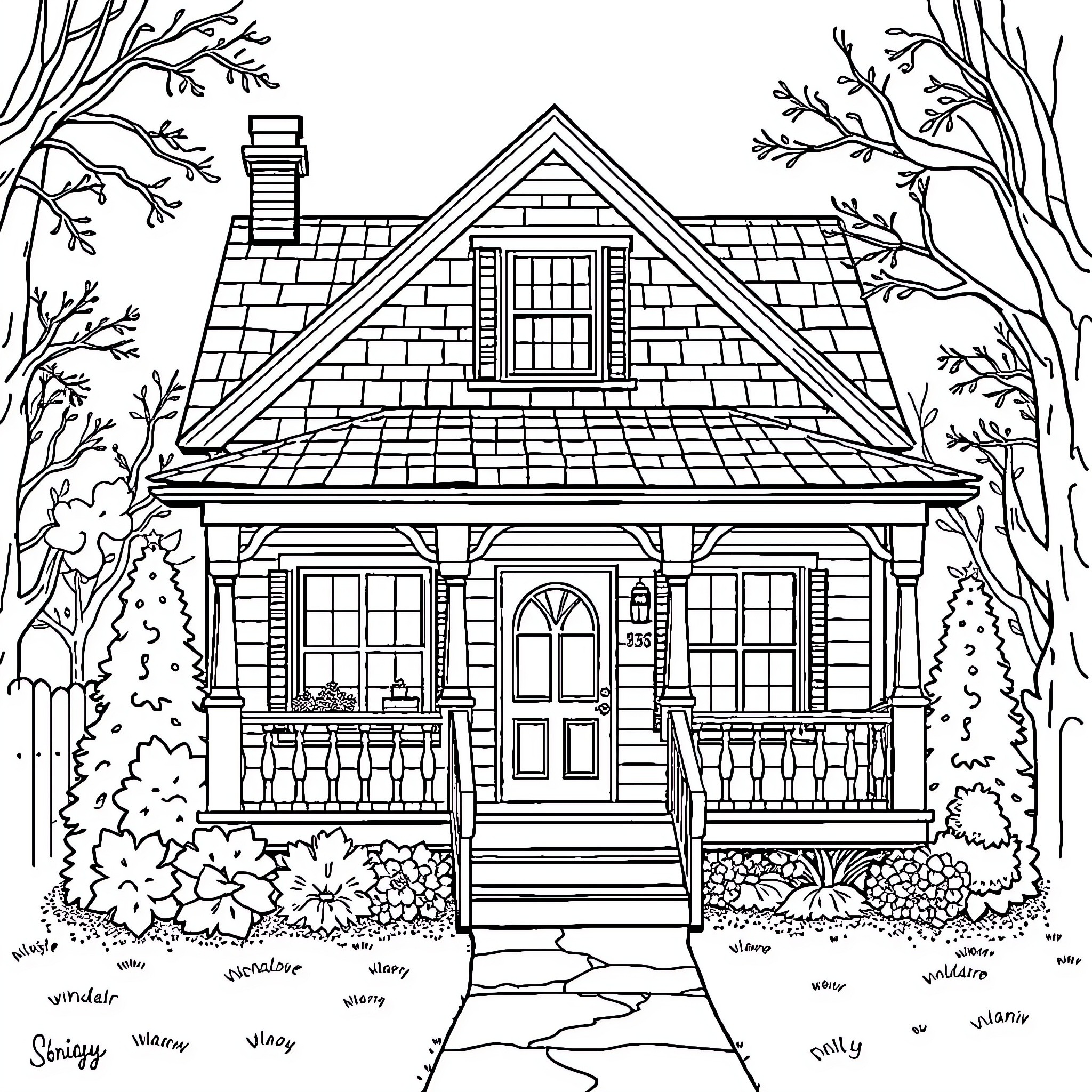 House with detailed architectural features and surrounded by nature Coloring Page (free black-and-white line drawing printable PDF for all, from beginners to advanced learners, including children, teens, adults, and seniors)