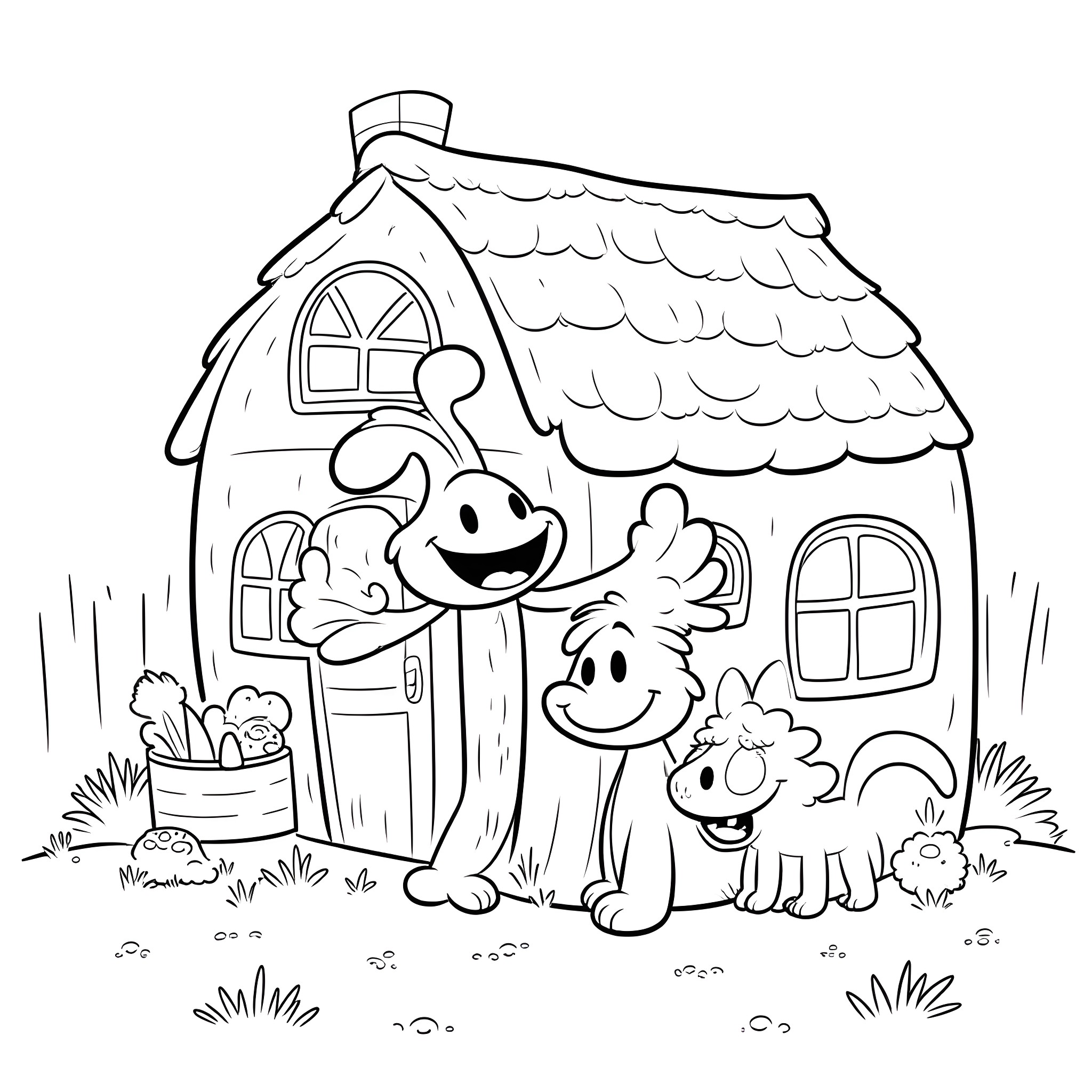 Oggy and his friends playing happily near their cozy house Coloring Page (free black-and-white line drawing printable PDF for all, from beginners to advanced learners, including children, teens, adults, and seniors)