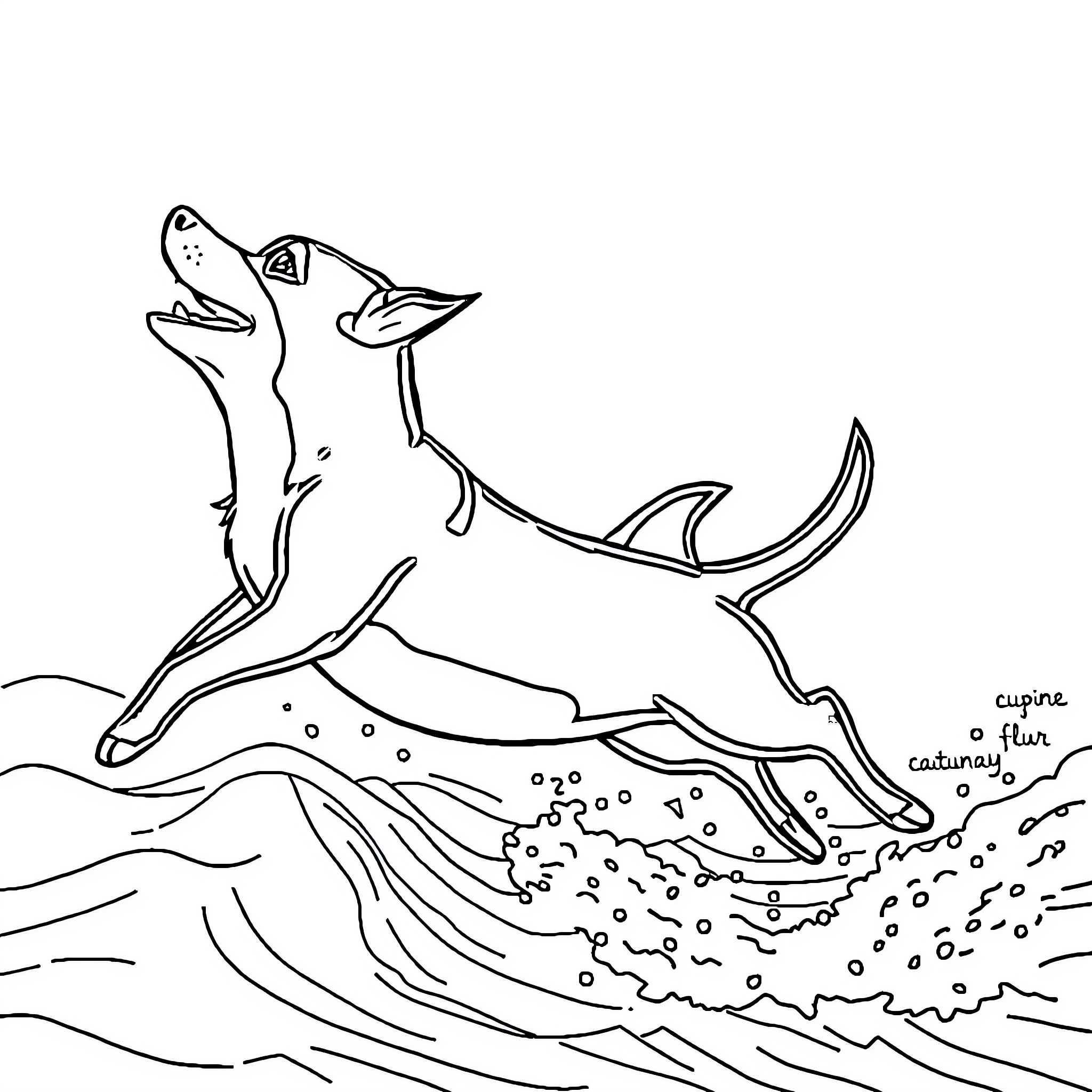 Dog leaping through ocean waves Coloring Page (free black-and-white line drawing printable PDF for all, from beginners to advanced learners, including children, teens, adults, and seniors)