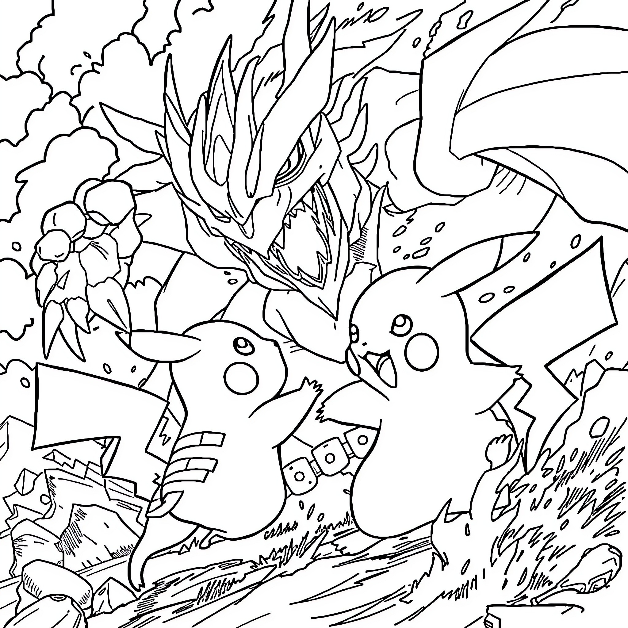 Pikachu battling a fierce dragon in a stormy scene Coloring Page (free black-and-white line drawing printable PDF for all, from beginners to advanced learners, including children, teens, adults, and seniors)