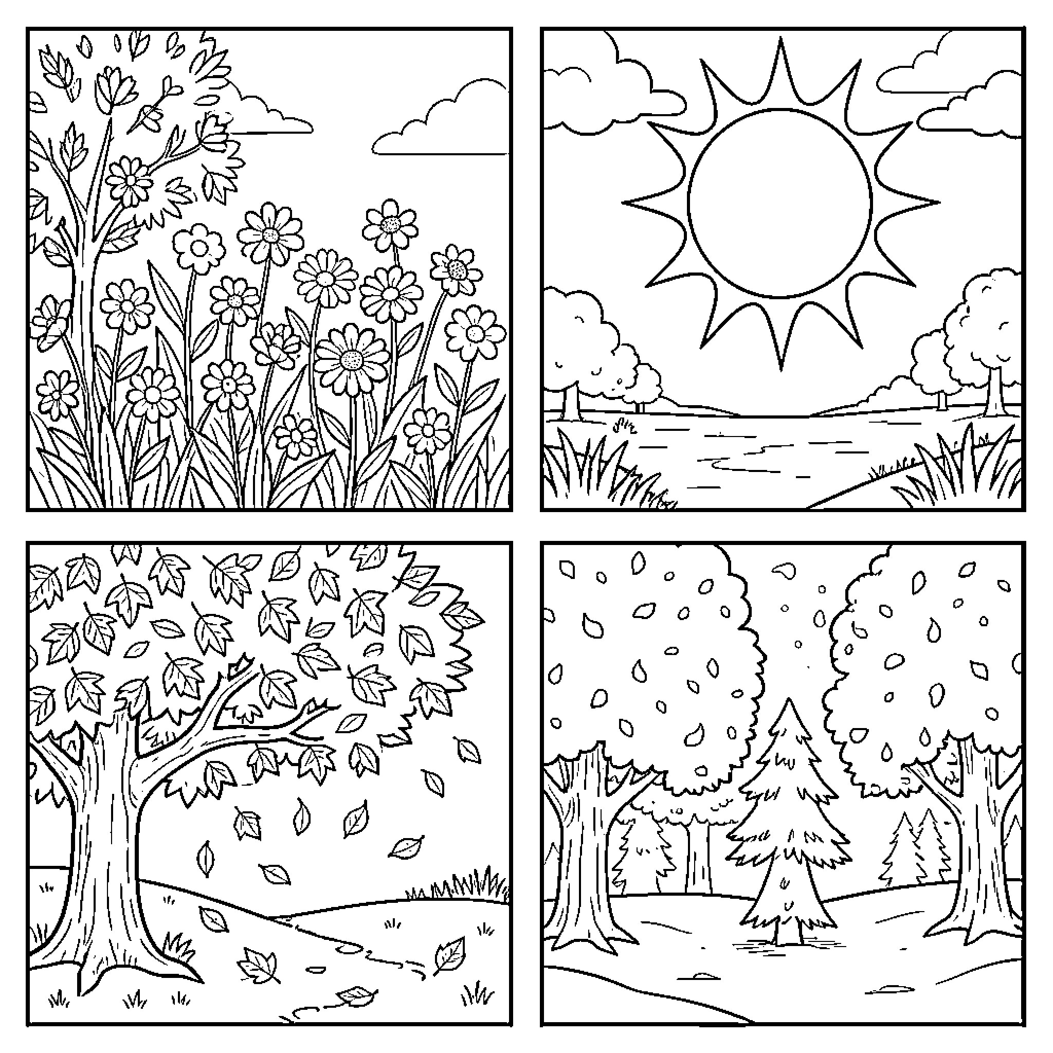 Season Change through Nature Scenes Coloring Page (free black-and-white line drawing printable PDF for all, from beginners to advanced learners, including children, teens, adults, and seniors)