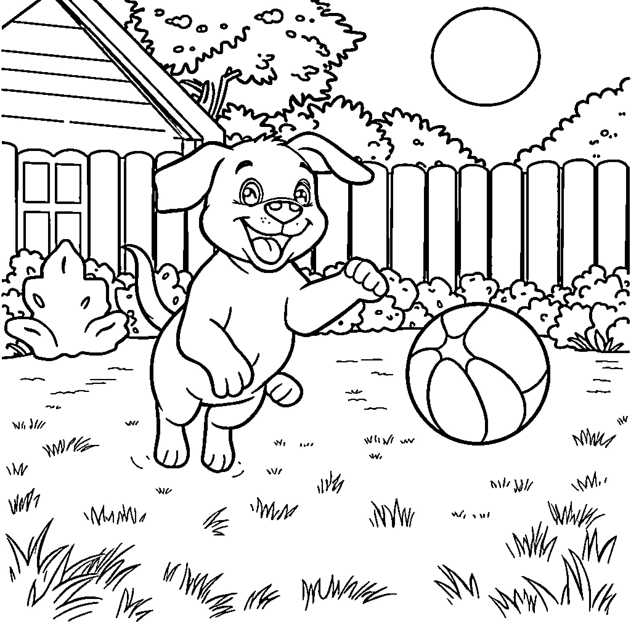 Puppy playing cheerfully in a yard Coloring Page (free black-and-white line drawing printable PDF for all, from beginners to advanced learners, including children, teens, adults, and seniors)