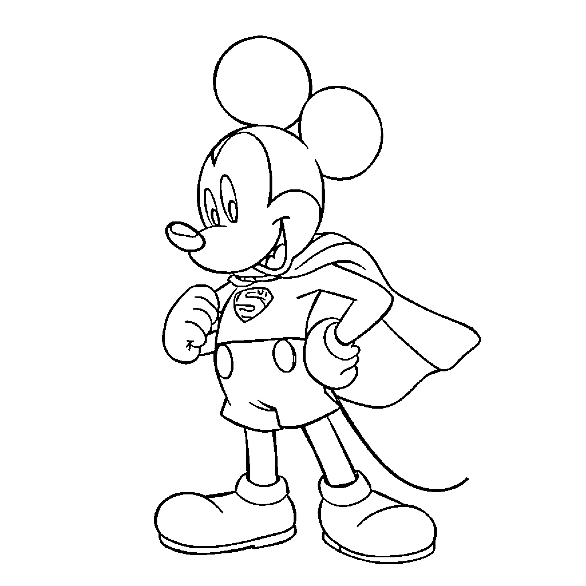 Mickey Mouse as a superhero Coloring Page (free black-and-white line drawing printable PDF for all, from beginners to advanced learners, including children, teens, adults, and seniors)