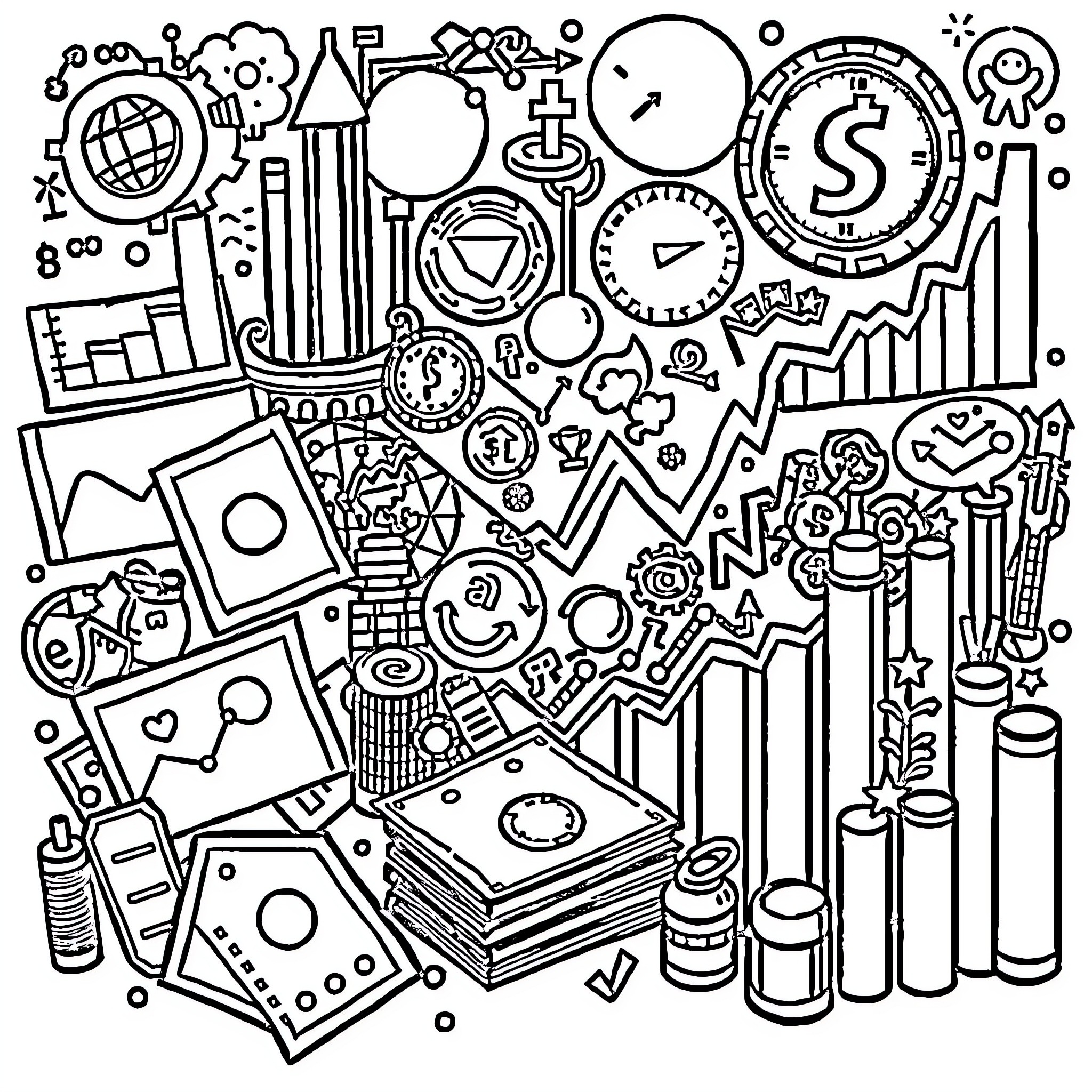 Finance-themed Doodle with Various Symbols and Objects Coloring Page (free black-and-white line drawing printable PDF for all, from beginners to advanced learners, including children, teens, adults, and seniors)