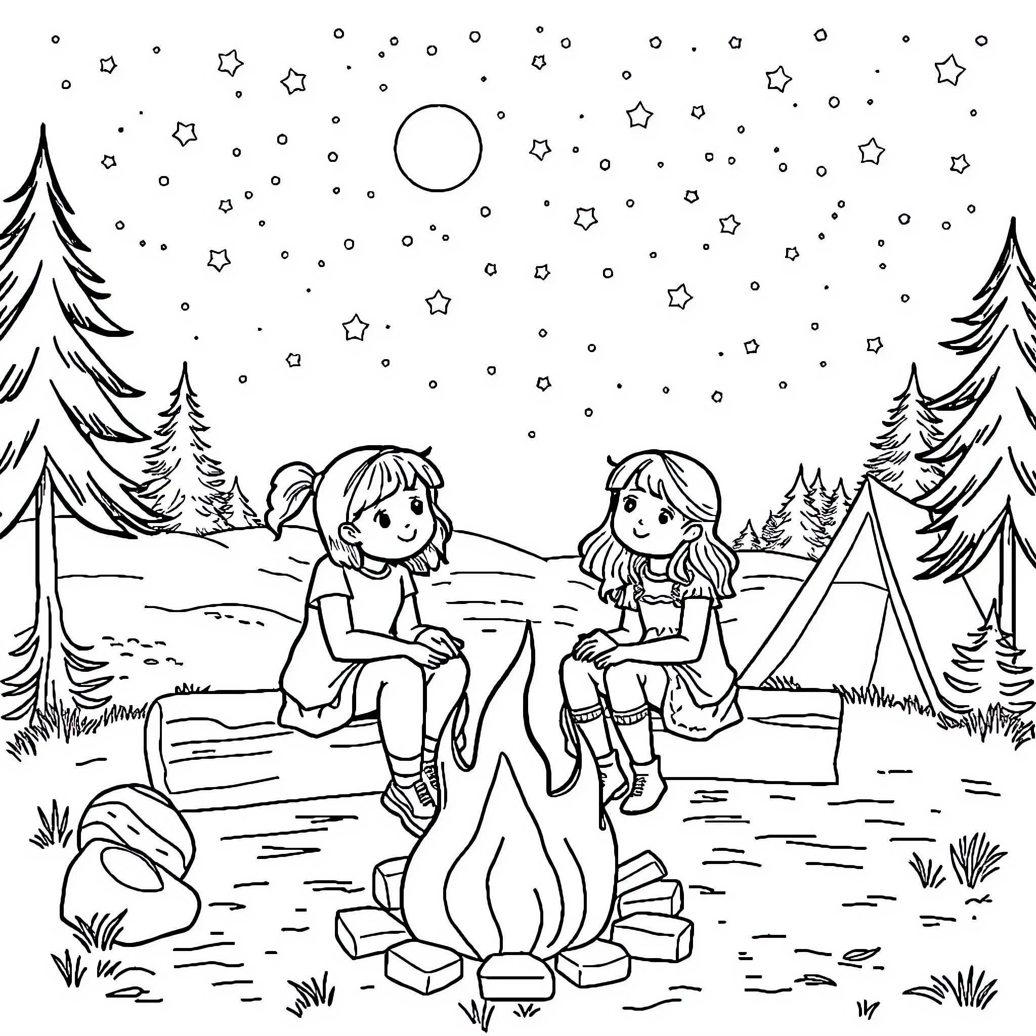 Girls camping under the starry night sky Coloring Page (free black-and-white line drawing printable PDF for all, from beginners to advanced learners, including children, teens, adults, and seniors)