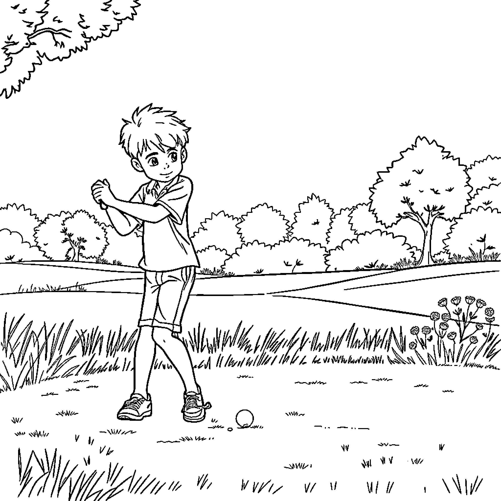 Boy playing with a ball in a park Coloring Page (free black-and-white line drawing printable PDF for all, from beginners to advanced learners, including children, teens, adults, and seniors)