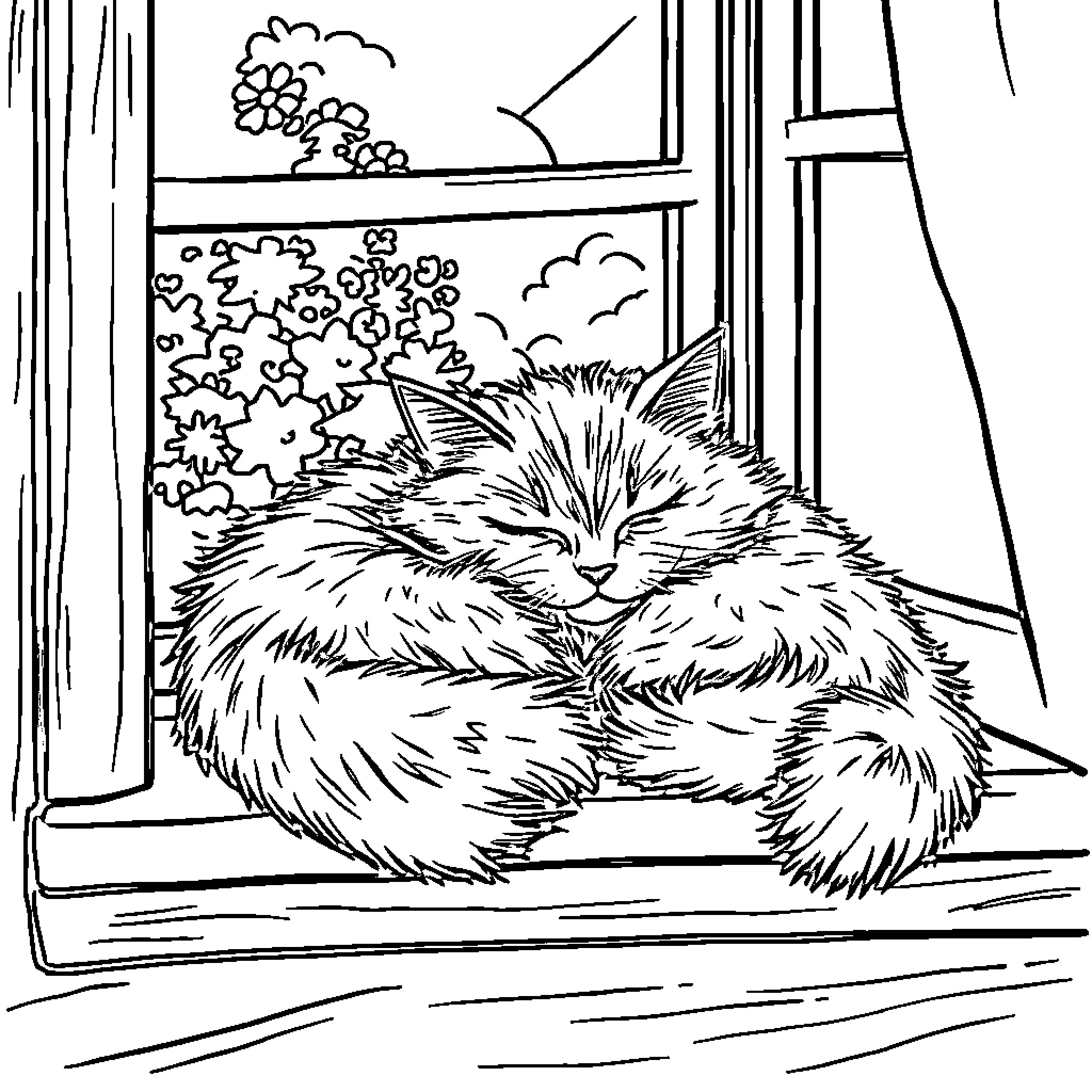 Cat napping comfortably by the window Coloring Page (free black-and-white line drawing printable PDF for all, from beginners to advanced learners, including children, teens, adults, and seniors)