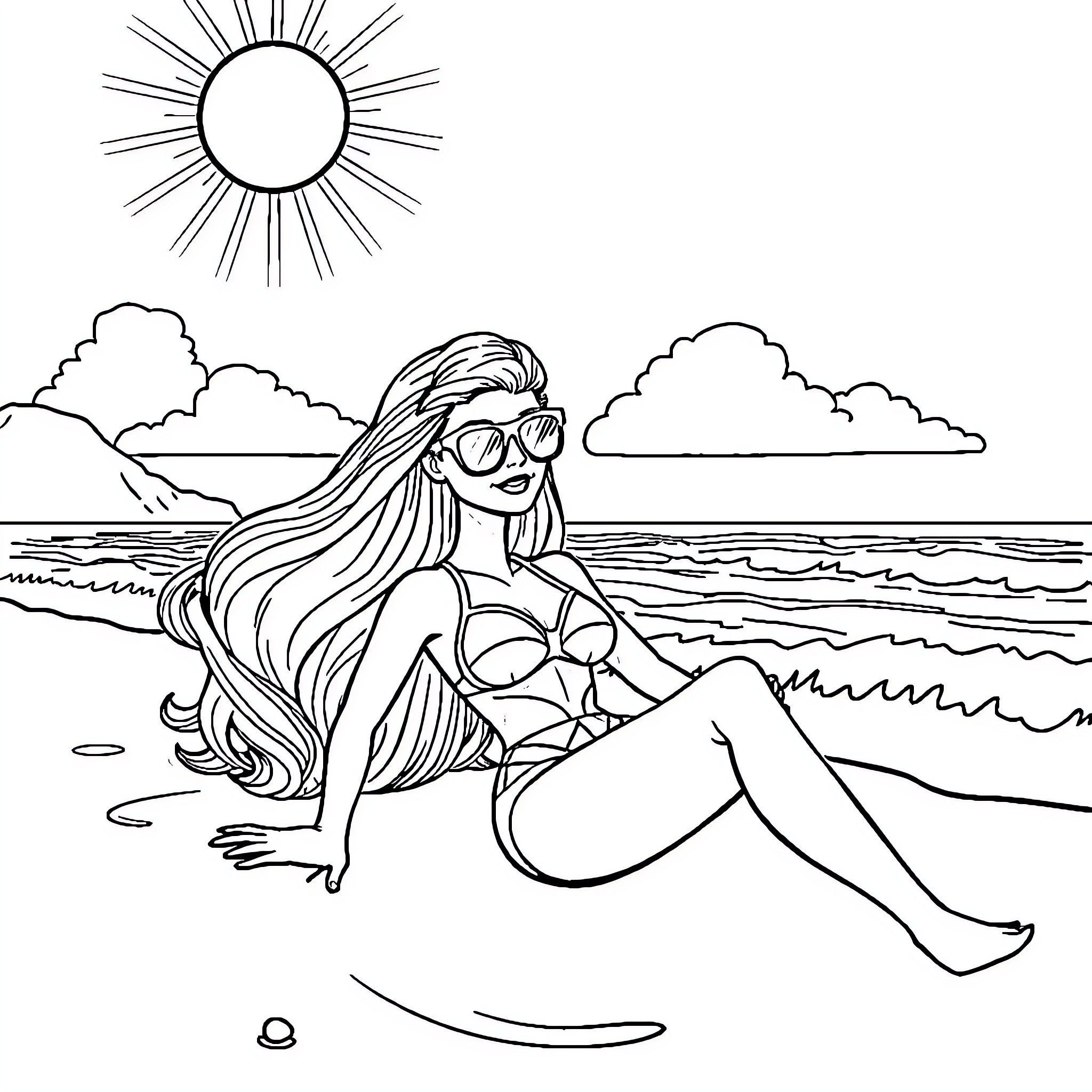 Barbie relaxing on the beach in the sun Coloring Page (free black-and-white line drawing printable PDF for all, from beginners to advanced learners, including children, teens, adults, and seniors)