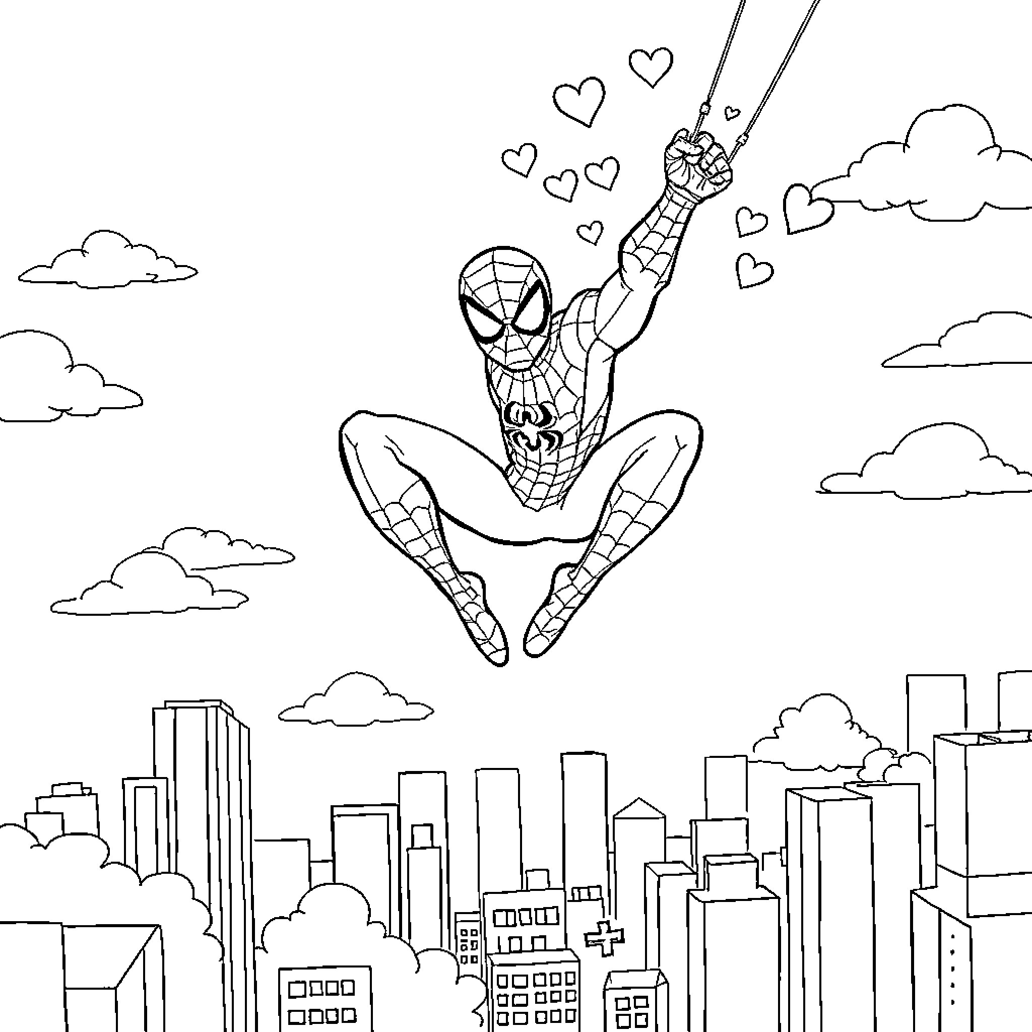 Spider-Man swinging through the city with hearts Coloring Page (free black-and-white line drawing printable PDF for all, from beginners to advanced learners, including children, teens, adults, and seniors)