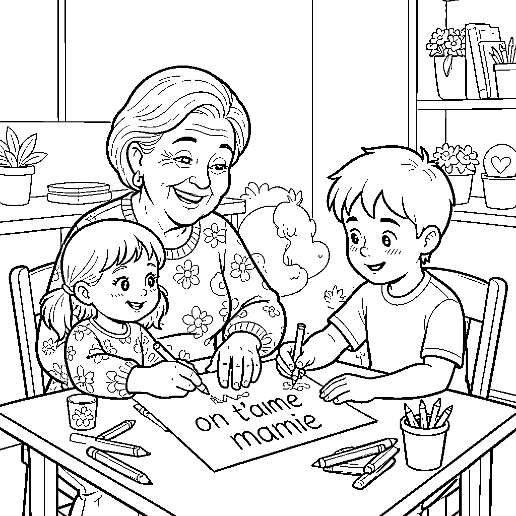 Grandmother smiling while watching children draw at a table Coloring Page (free black-and-white line drawing printable PDF for all, from beginners to advanced learners, including children, teens, adults, and seniors)