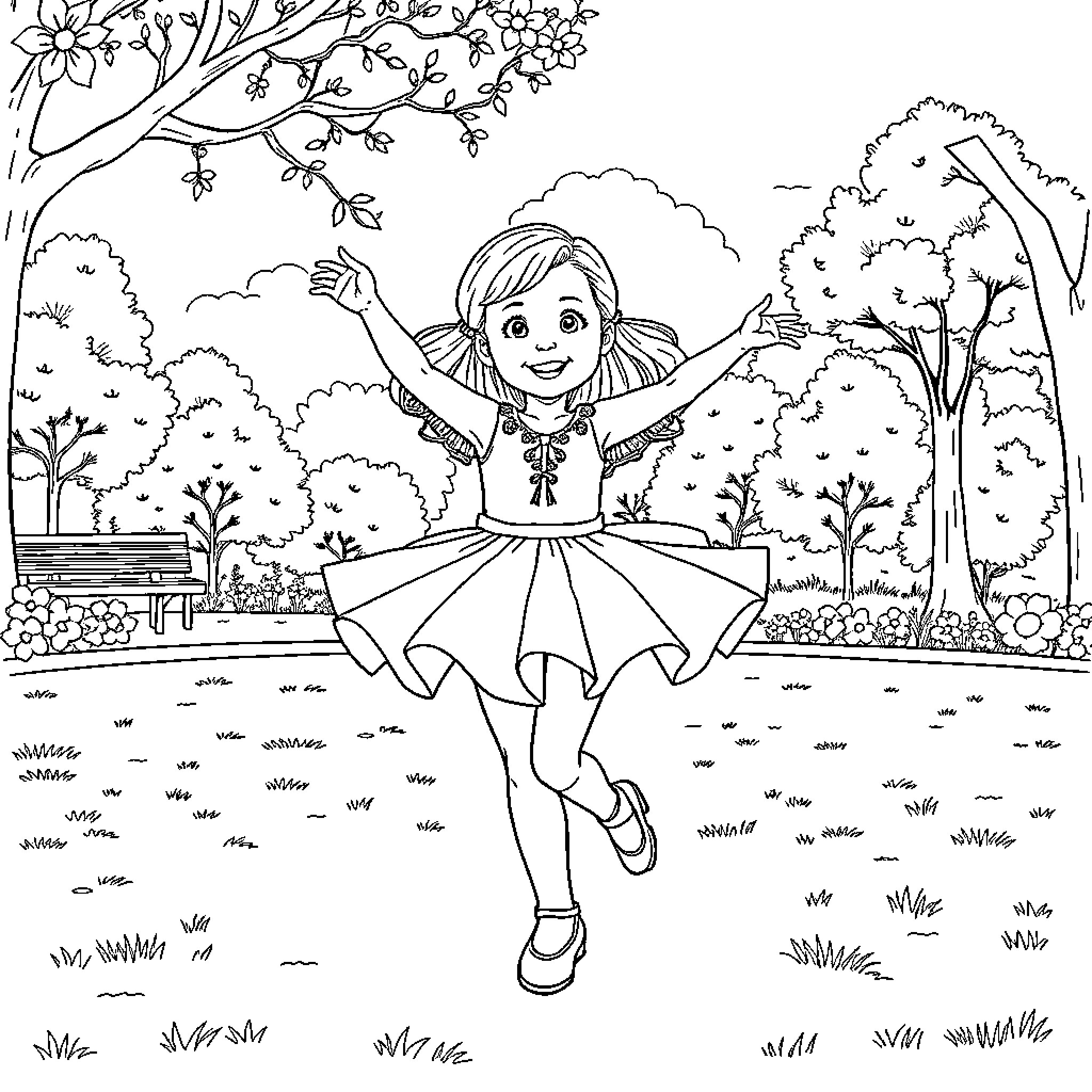 Girl dancing joyfully in a lush outdoor scene Coloring Page (free black-and-white line drawing printable PDF for all, from beginners to advanced learners, including children, teens, adults, and seniors)