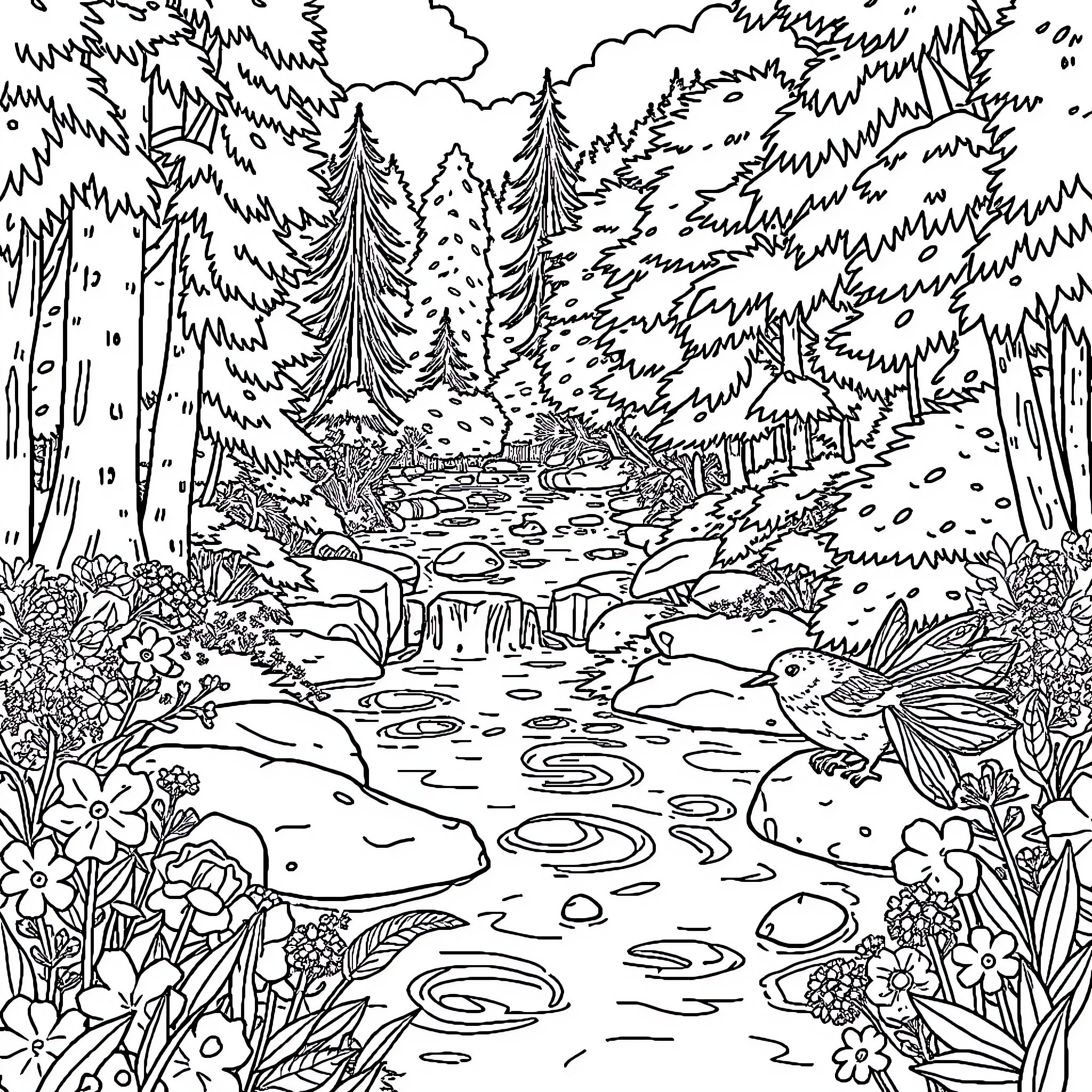 Unicorn wandering through enchanted forest stream Coloring Page (free black-and-white line drawing printable PDF for all, from beginners to advanced learners, including children, teens, adults, and seniors)