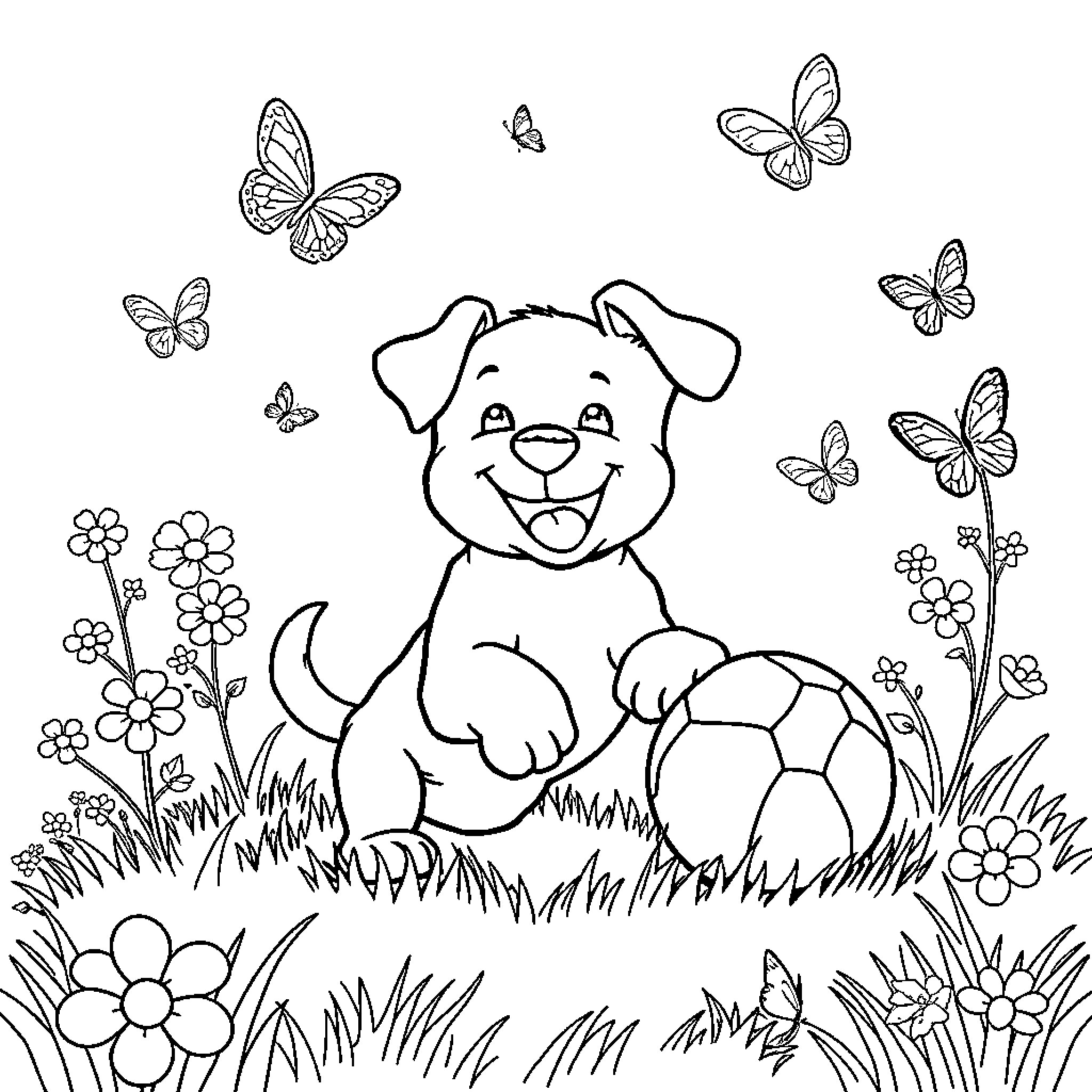 Puppy playing happily with butterflies in the garden Coloring Page (free black-and-white line drawing printable PDF for all, from beginners to advanced learners, including children, teens, adults, and seniors)