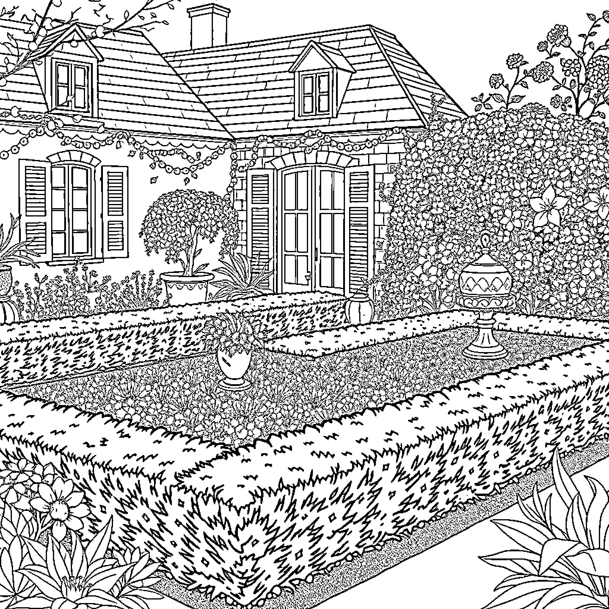 Garden with Ornate House and Blooming Flowers Coloring Page (free black-and-white line drawing printable PDF for all, from beginners to advanced learners, including children, teens, adults, and seniors)