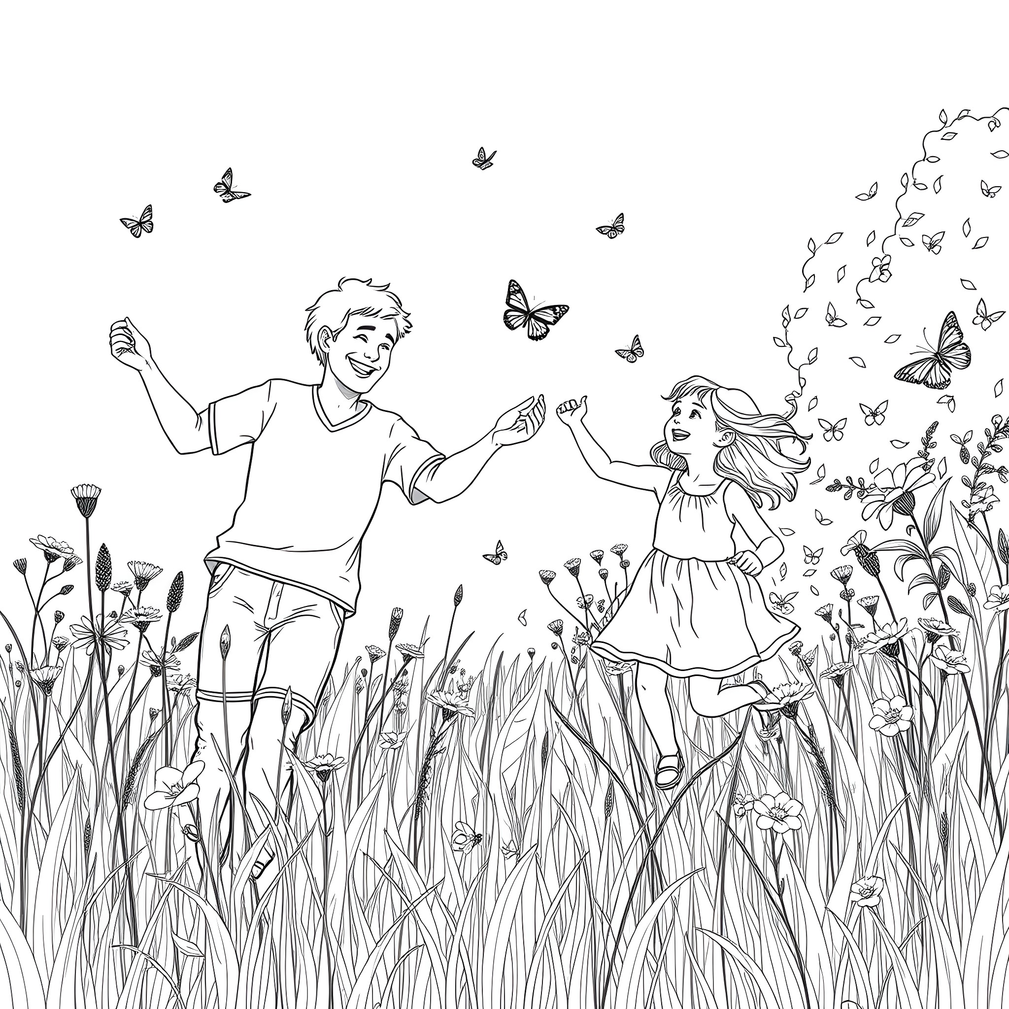 Father and daughter playing with butterflies in the field Coloring Page (free black-and-white line drawing printable PDF for all, from beginners to advanced learners, including children, teens, adults, and seniors)