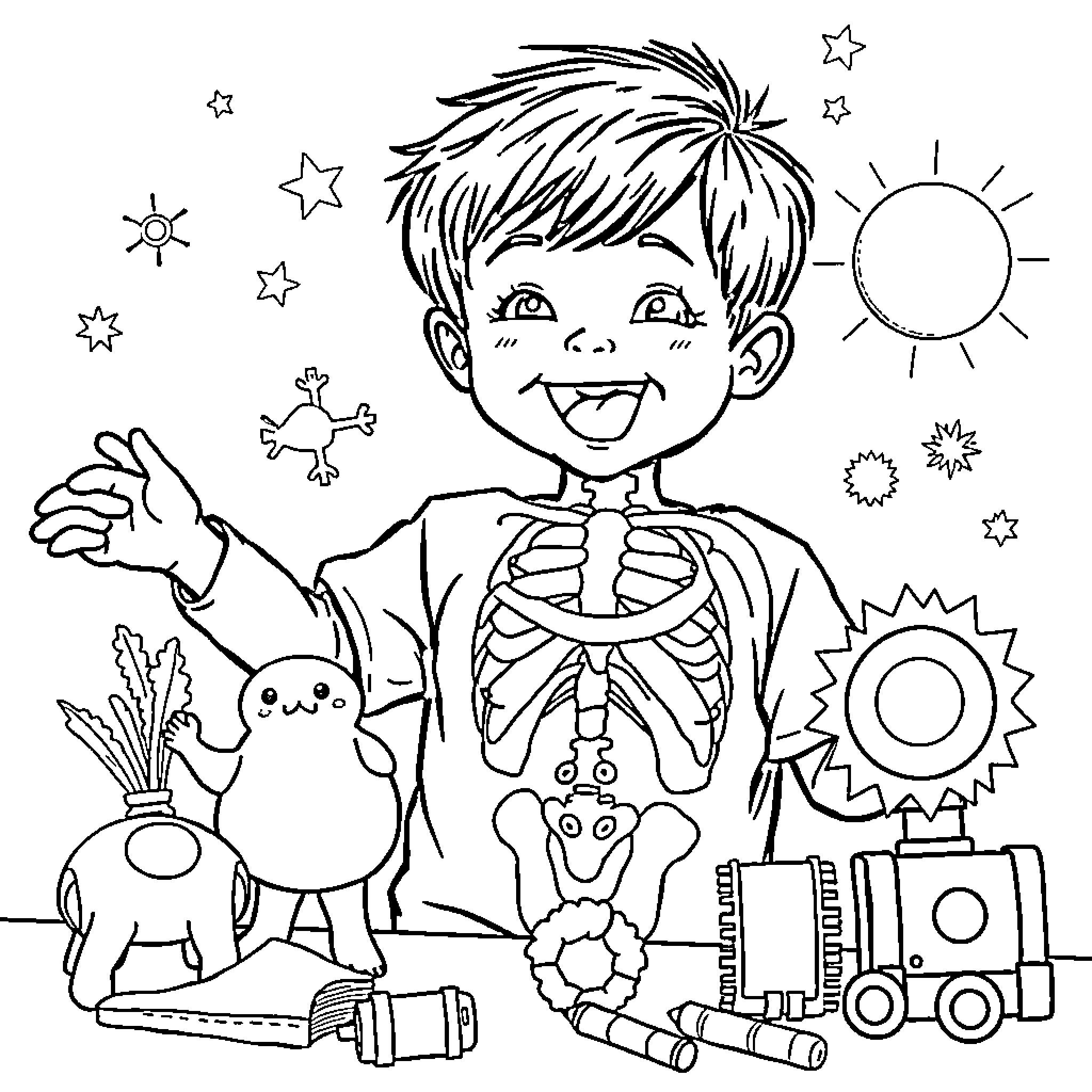 Boy exploring his body and toys in a whimsical scene Coloring Page (free black-and-white line drawing printable PDF for all, from beginners to advanced learners, including children, teens, adults, and seniors)