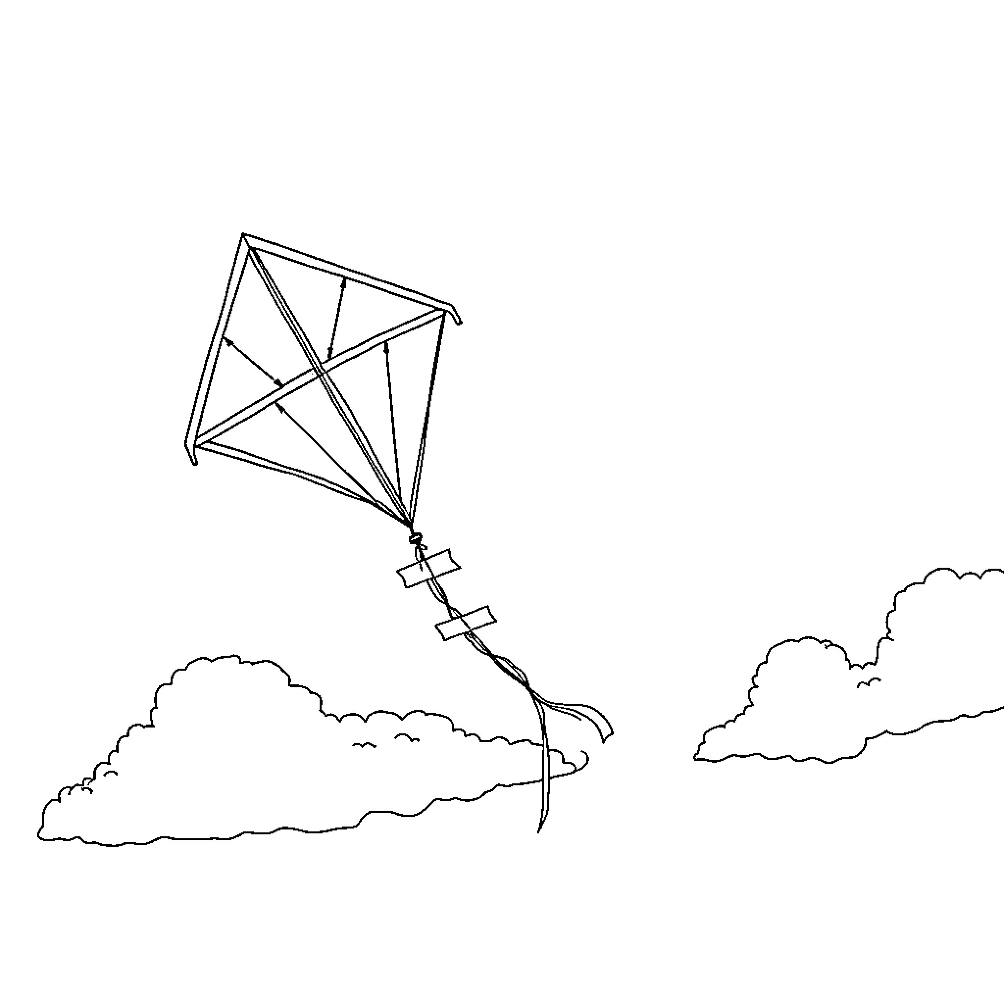 Kite soaring in the wind above the clouds Coloring Page (free black-and-white line drawing printable PDF for all, from beginners to advanced learners, including children, teens, adults, and seniors)