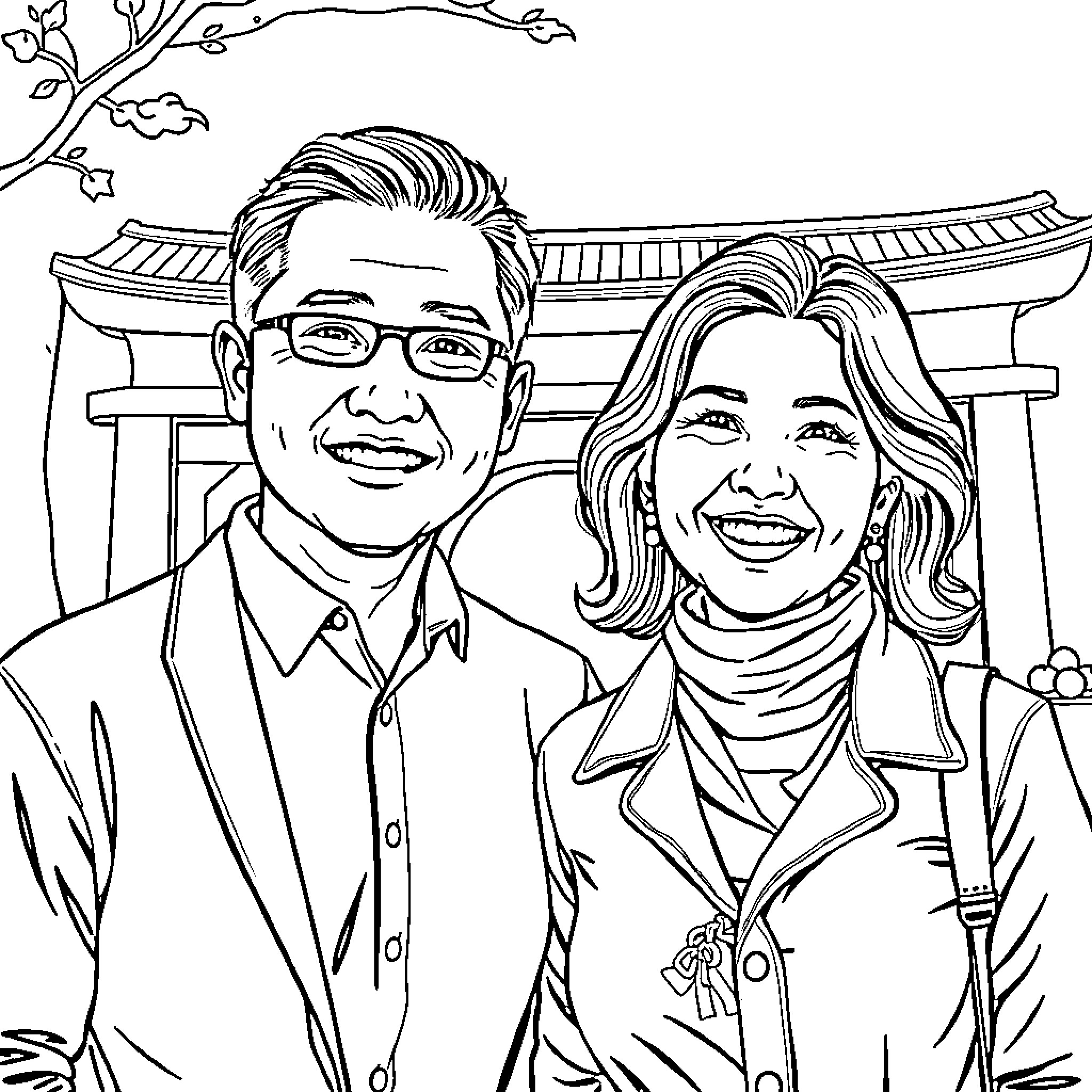 Man and woman smiling in front of building Coloring Page (free black-and-white line drawing printable PDF for all, from beginners to advanced learners, including children, teens, adults, and seniors)