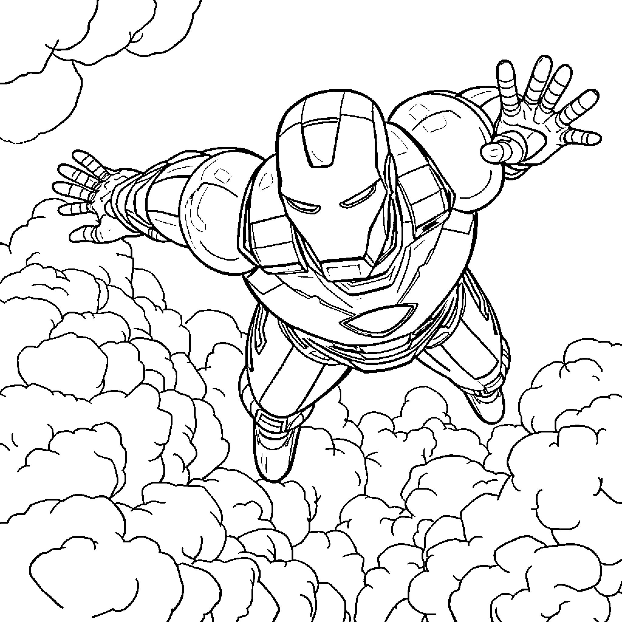 Iron Man flying through the clouds with outstretched arms Coloring Page (free black-and-white line drawing printable PDF for all, from beginners to advanced learners, including children, teens, adults, and seniors)