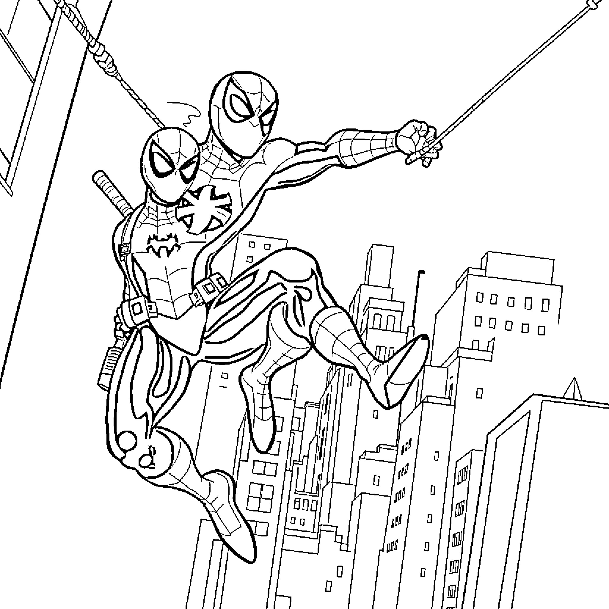 Spiderman swinging through the city skyline Coloring Page (free black-and-white line drawing printable PDF for all, from beginners to advanced learners, including children, teens, adults, and seniors)