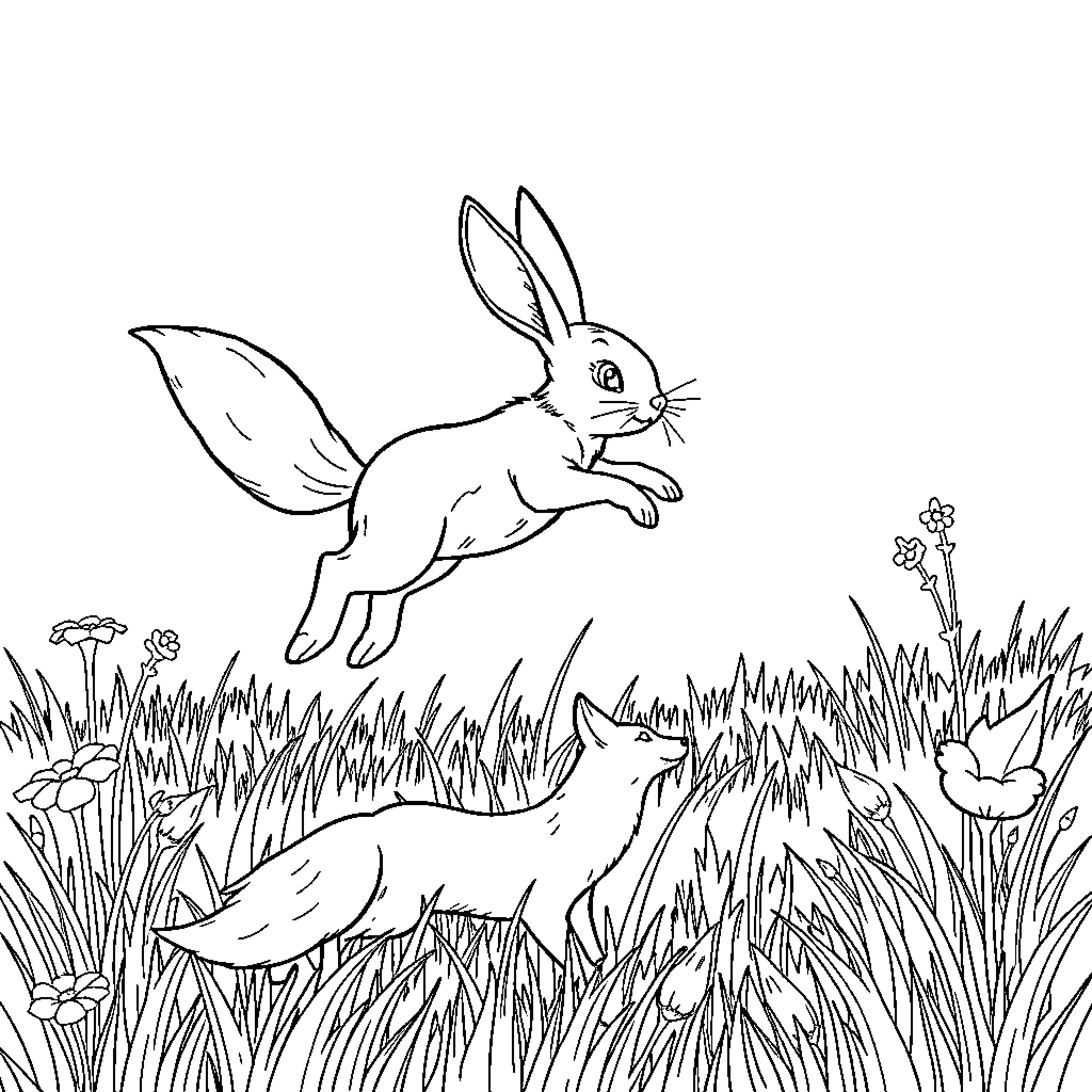 Bunnies hopping playfully in the meadow Coloring Page (free black-and-white line drawing printable PDF for all, from beginners to advanced learners, including children, teens, adults, and seniors)